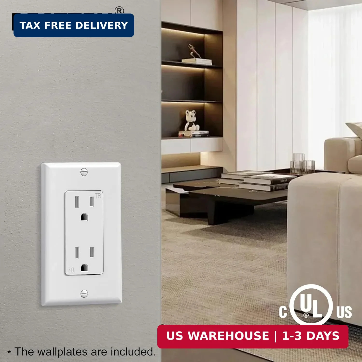 20 Pack 15 Amp Tamper Resistant Decor Receptacle, Standard Electrical Wa
