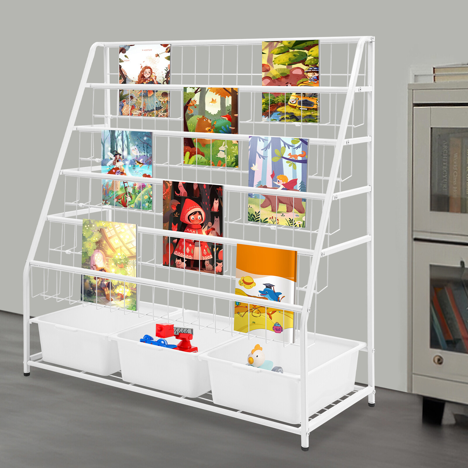 5 Tier Freestanding Kids Bookcase Metal Book Display Rack with 3* Storage Bins