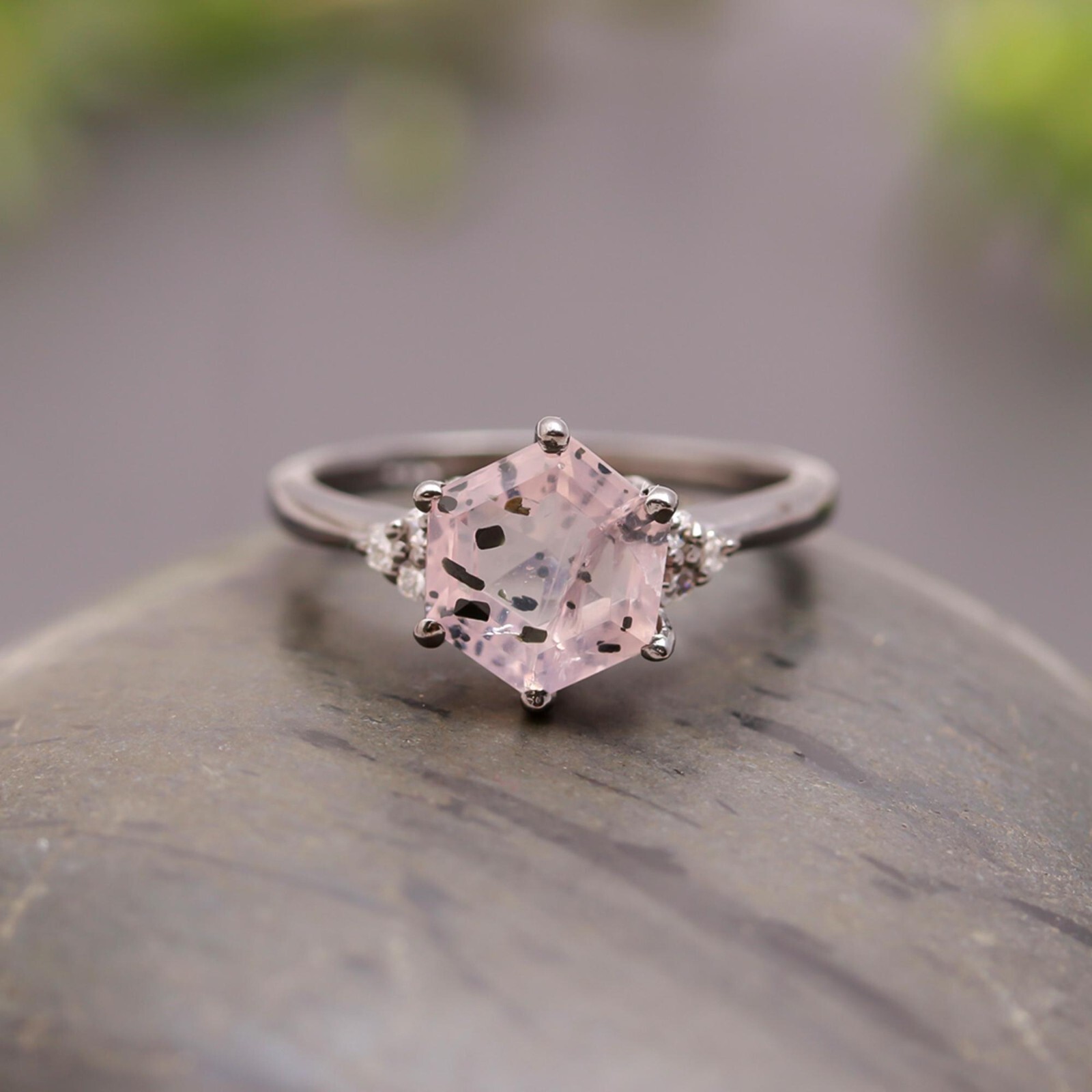 Natural Pink Dot Quartz Hexagon Shape Ring Solid Silver Black Oxidized Jewelry