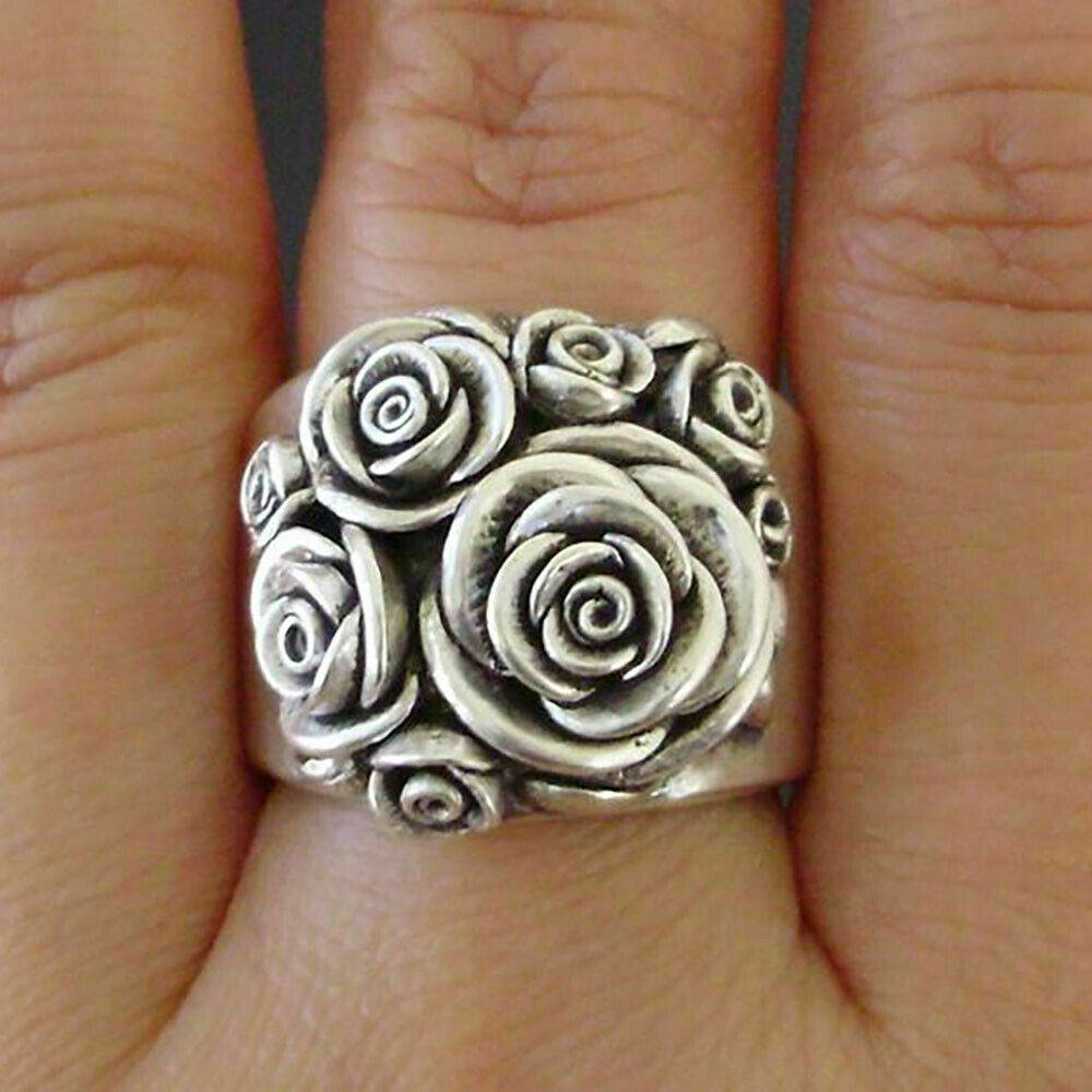 Boho 925 Sterling Silver Women Fashion Vintage Style Rose Flower Ring Size 11.5