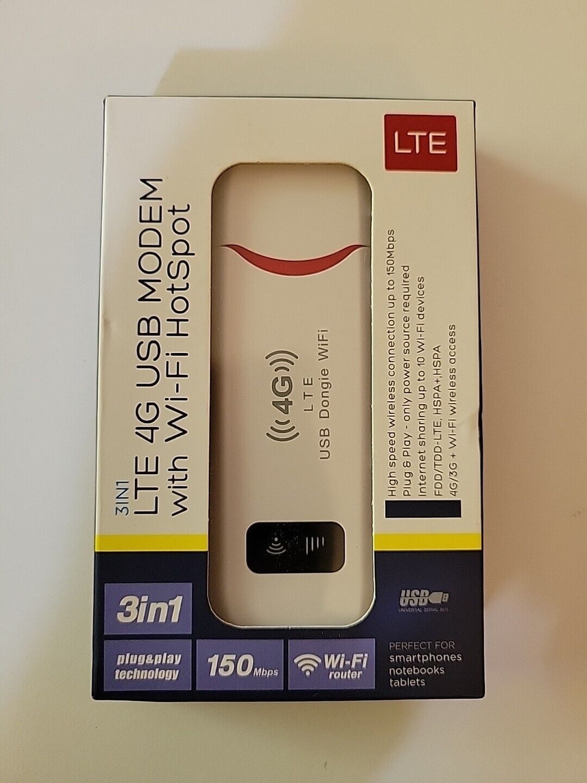 3 in 1 LTE 4G USB MODEM with WiFi HotSpot 150Mbps Plug And Play Open Box