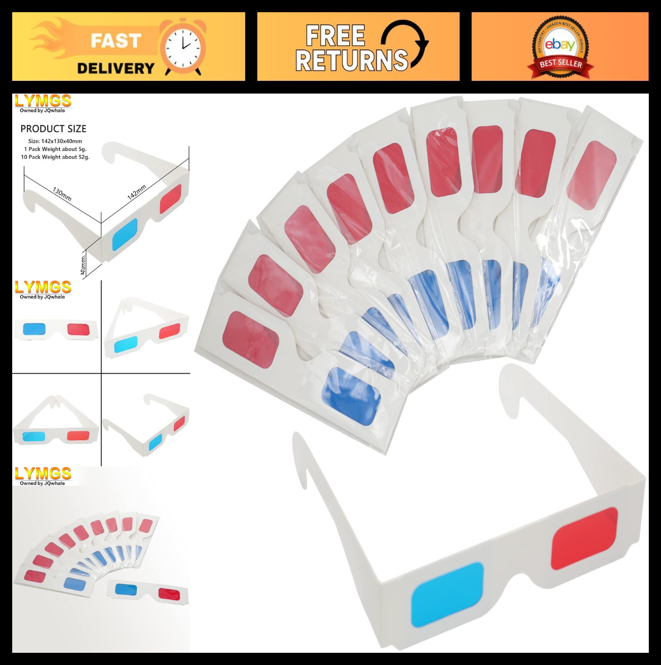 3D Paper Glasses - 10 Pairs Red Cyan Lens White Frame Anaglyph for Movies, Folda