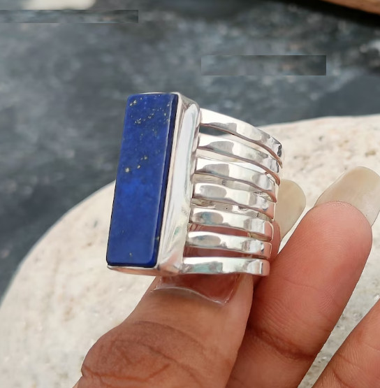 Handcrafted Rectangle Lapis Lazuli Ring: 925 Sterling Silver Ring All Size R345