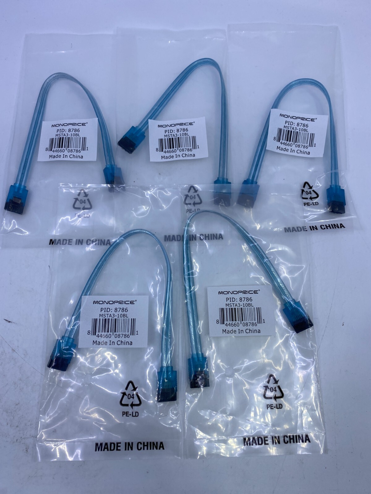 Lot of 5 Monoprice 6in SATA 6Gbps Cables UV Blue 8786 MSTA3-10BL