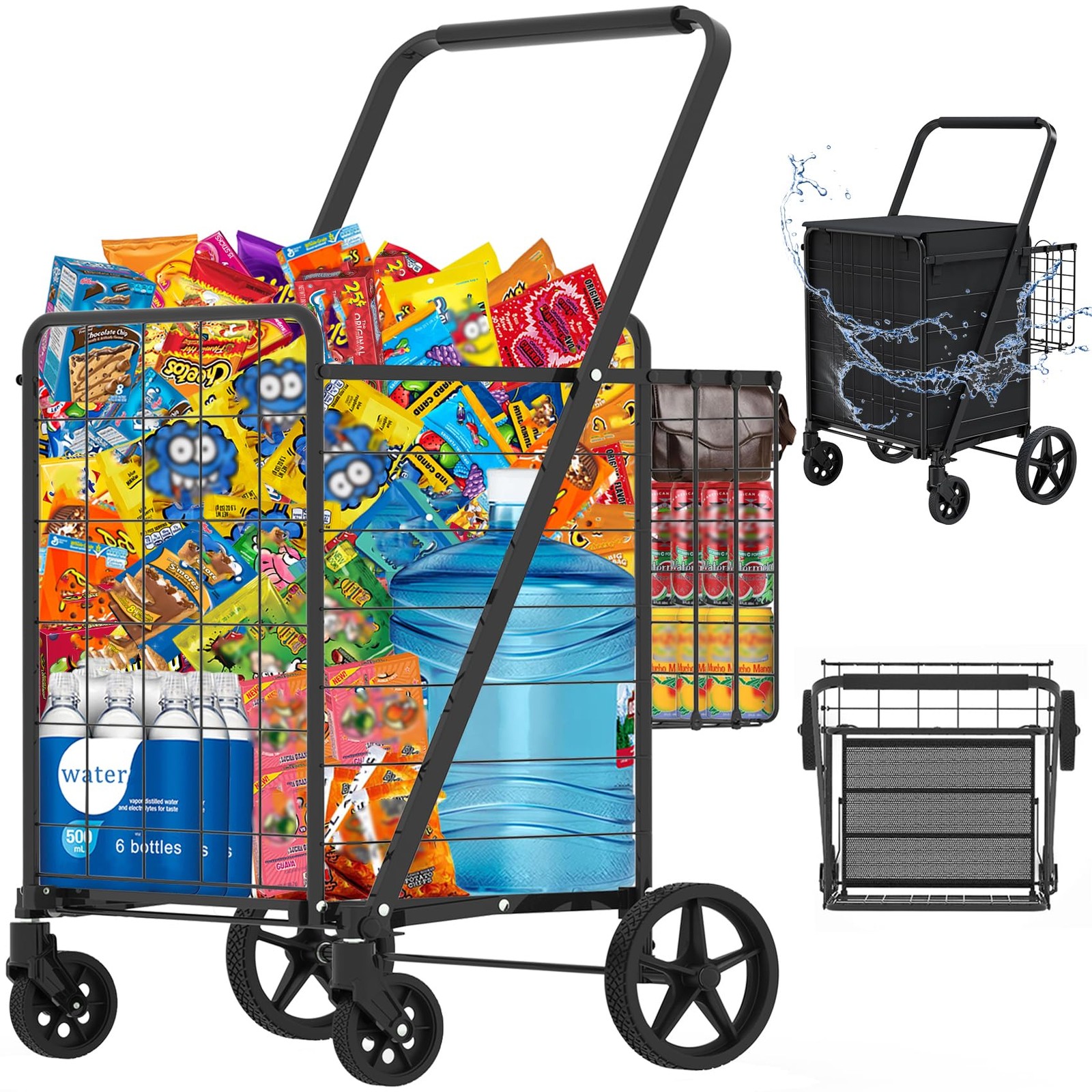 Heavy Duty Folding Shopping Cart for Groceries, Jumbo Grocery Carts with 360°...