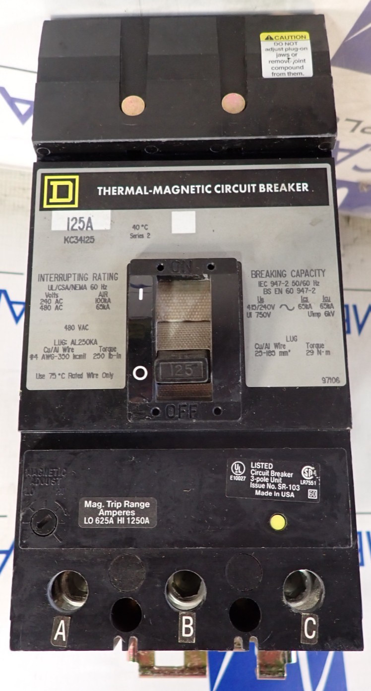 Square D KC34125 125 Amp 480 VAC 3 Pole 65ka@480V I-Line Circuit Breaker TESTED