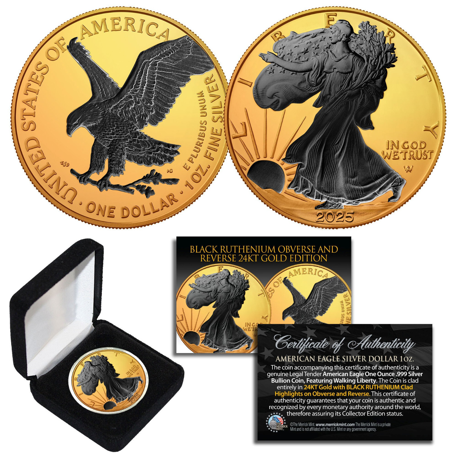 2026 1 oz Silver $1 BLACK EAGLE Ruthenium EDITION 24KT Gold Gilded US Coin BOX