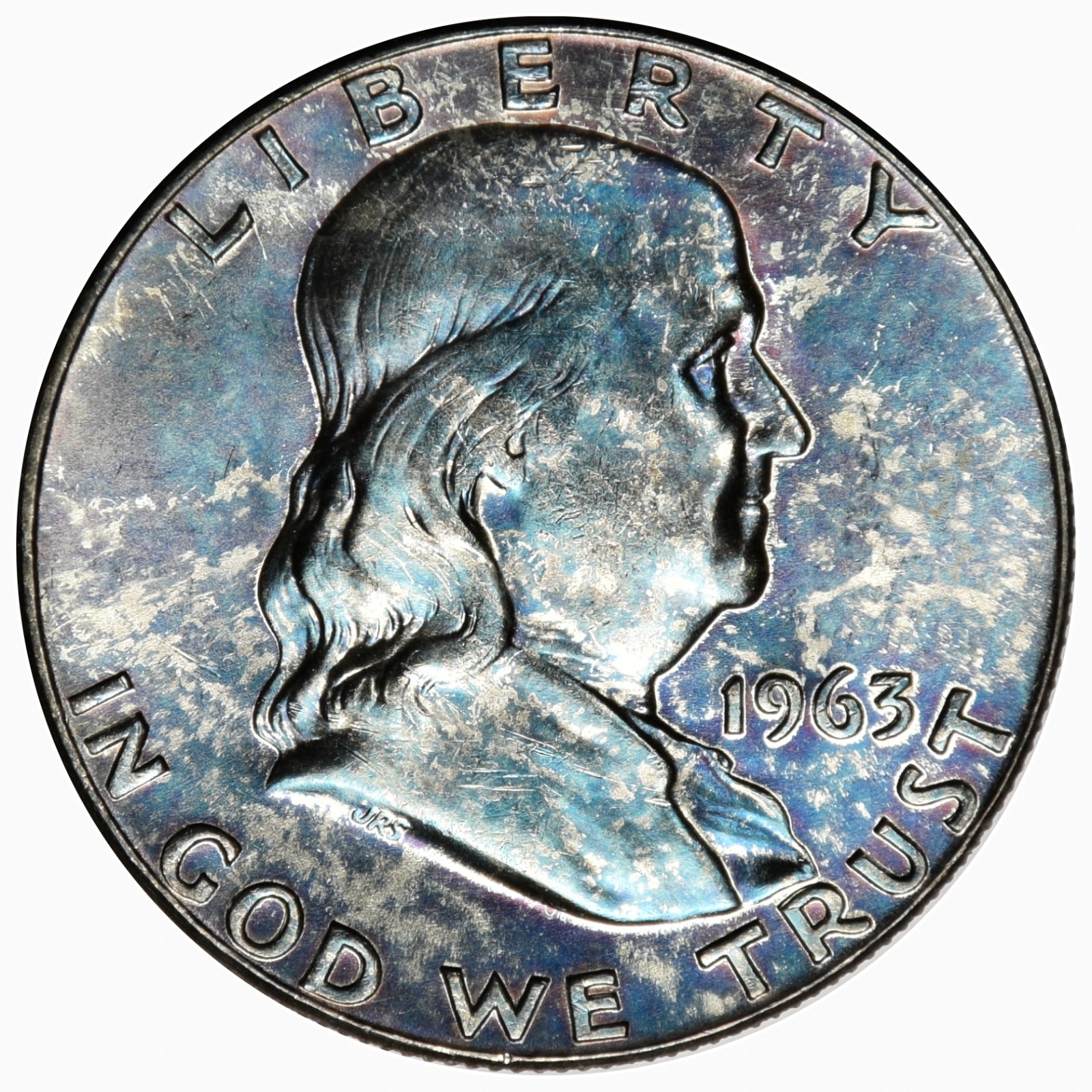 1963-D Franklin Half Dollar - Unc - Beautiful Monster Tone Blue Toning (Inv#087)