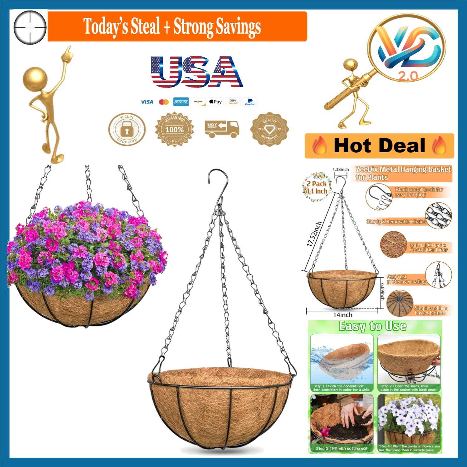 2 Pack 14 Inch Metal Hanging Plant Baskets with Coco Liners Outdoor Indoor
