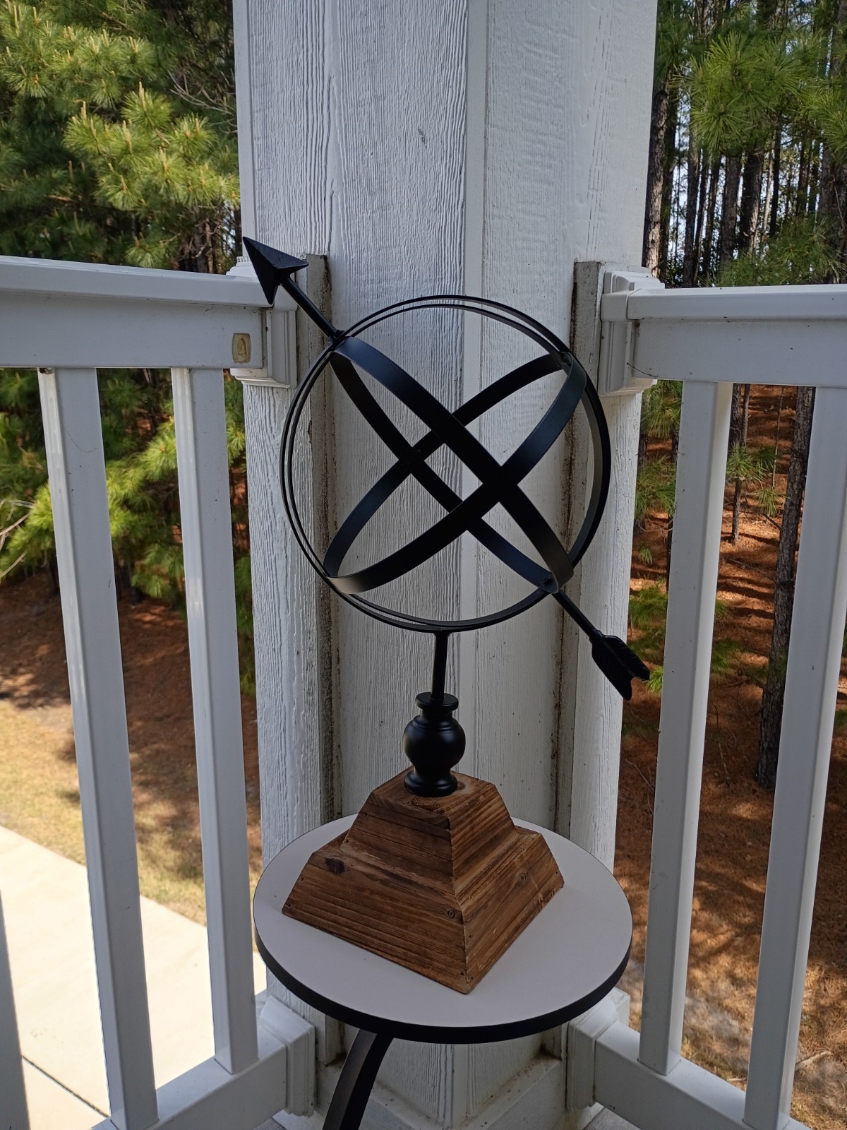 Decorative Armillary Sphere Globe Sculpture with Arrow Wooden Base 19 Inch