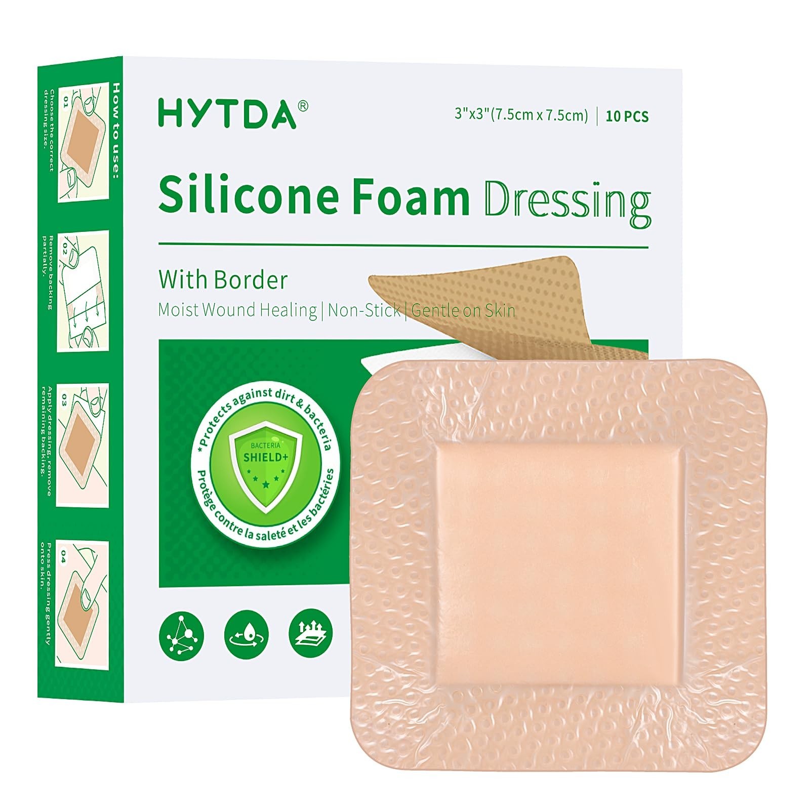Silicone Foam Dressing with Border, 3"×3"(10 Pcs) Gentle Adhesive Foam Dres