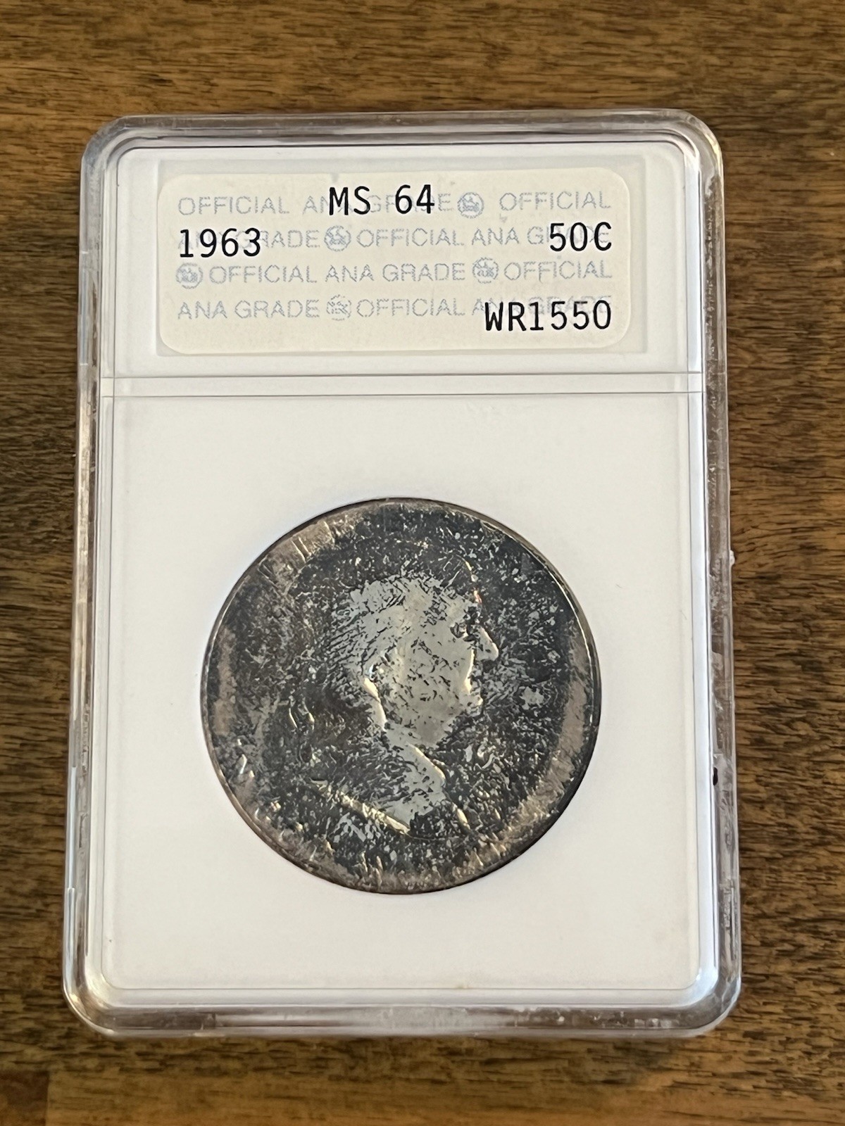1963 Franklin Half ANA MS-64 Old Soapbox Holder - Heavily Toned Silver 50C