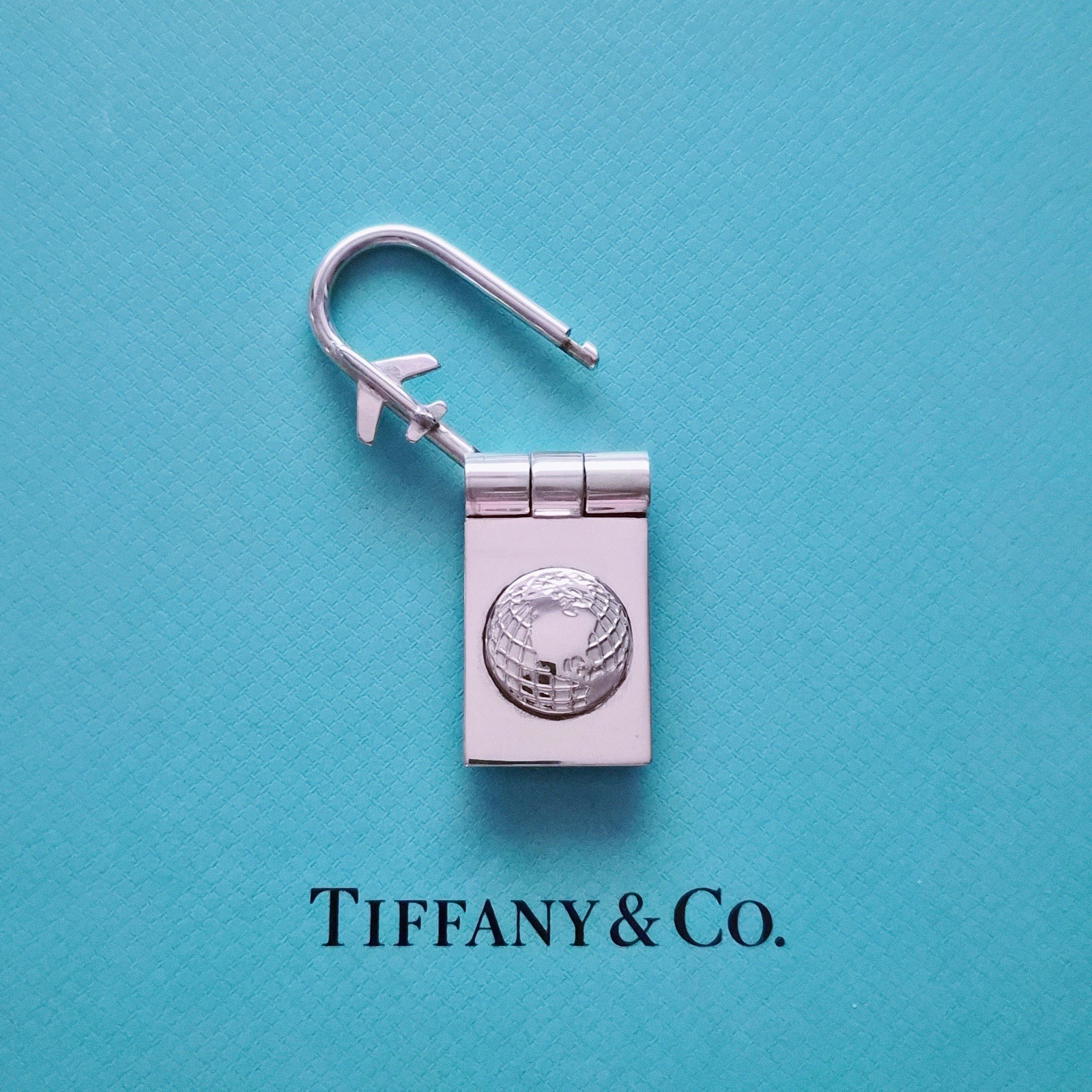 RARE Tiffany & Co. Sterling Silver Globe & Airplane Travel Lock Key Ring