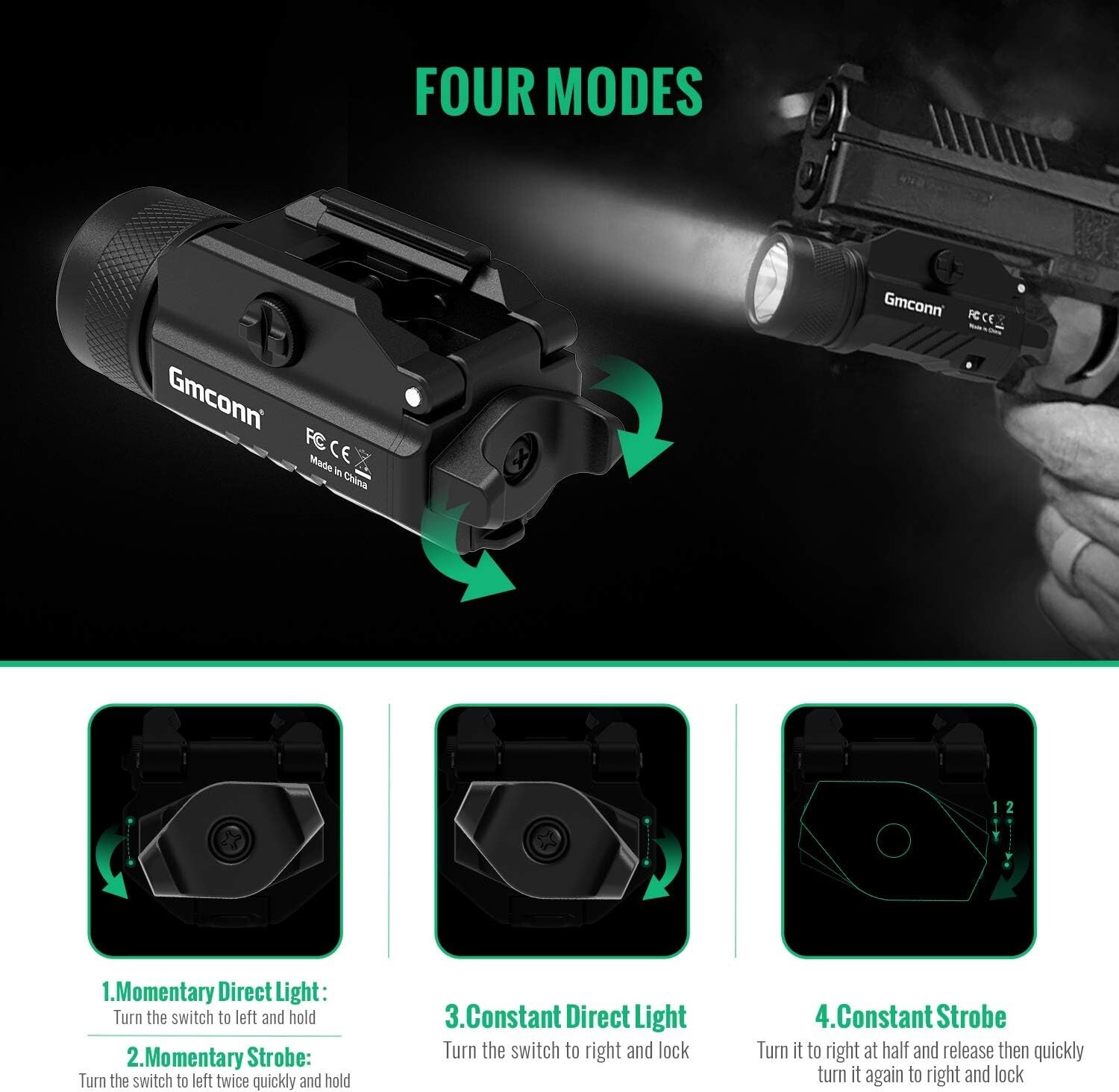 Compact Rail-Mounted LED Strobe Pistol Light - 208m Beam with Batteries Included