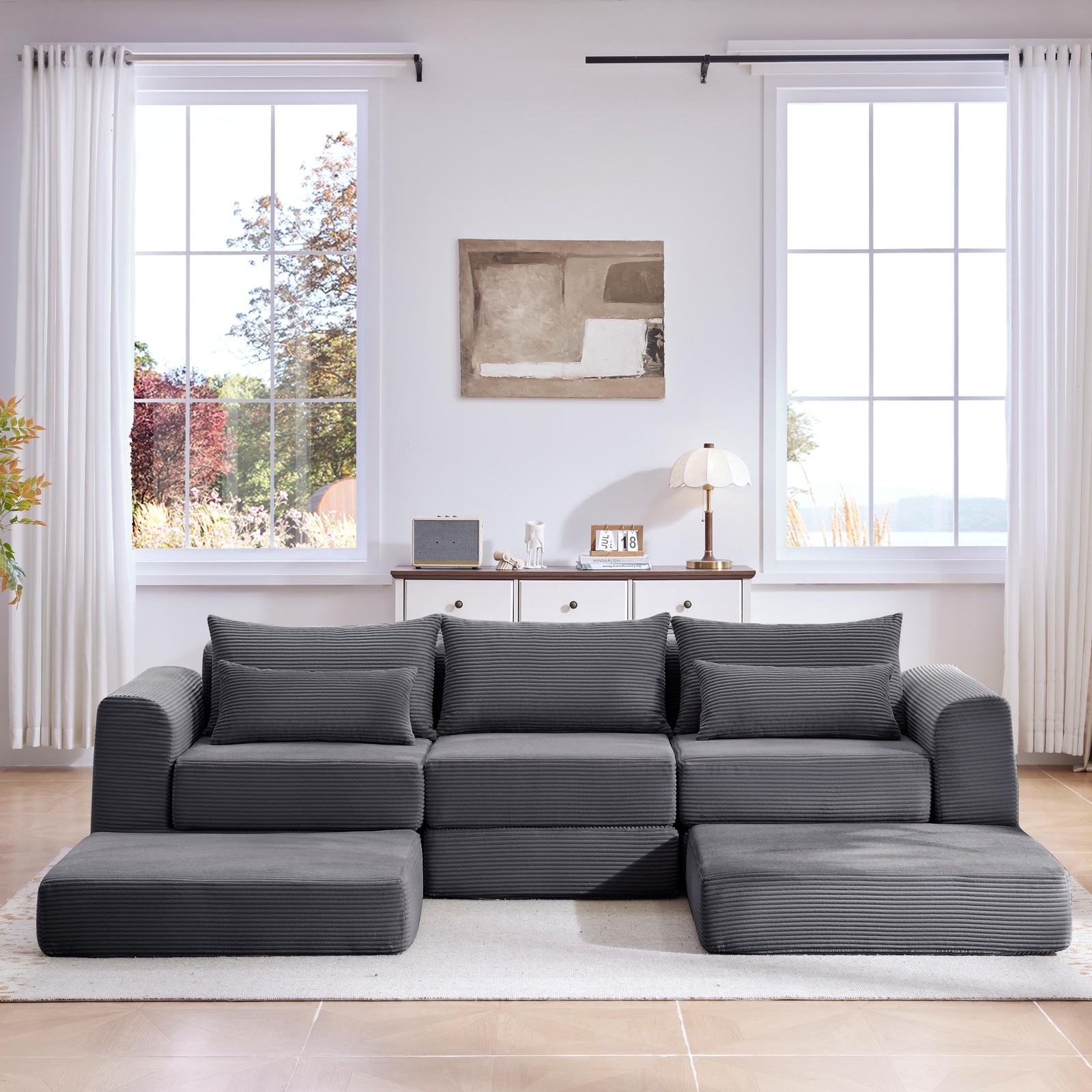 Upholstered Sectional Sofa 100" L-Shaped Corduroy Grey Modular