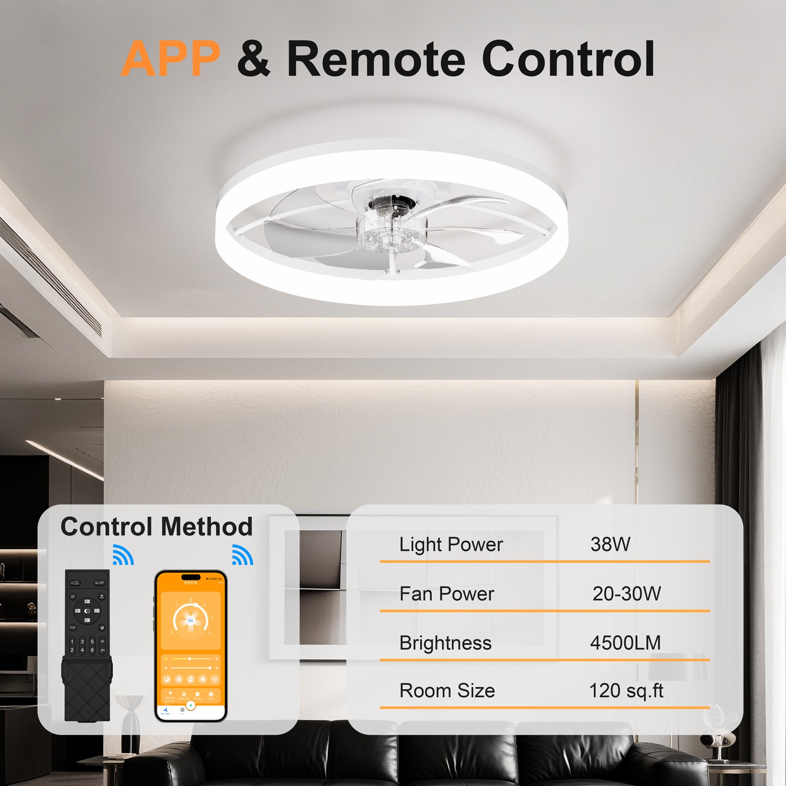 Ultra-Thin White Ceiling Fan Light with Remote & App Control, 23.6"