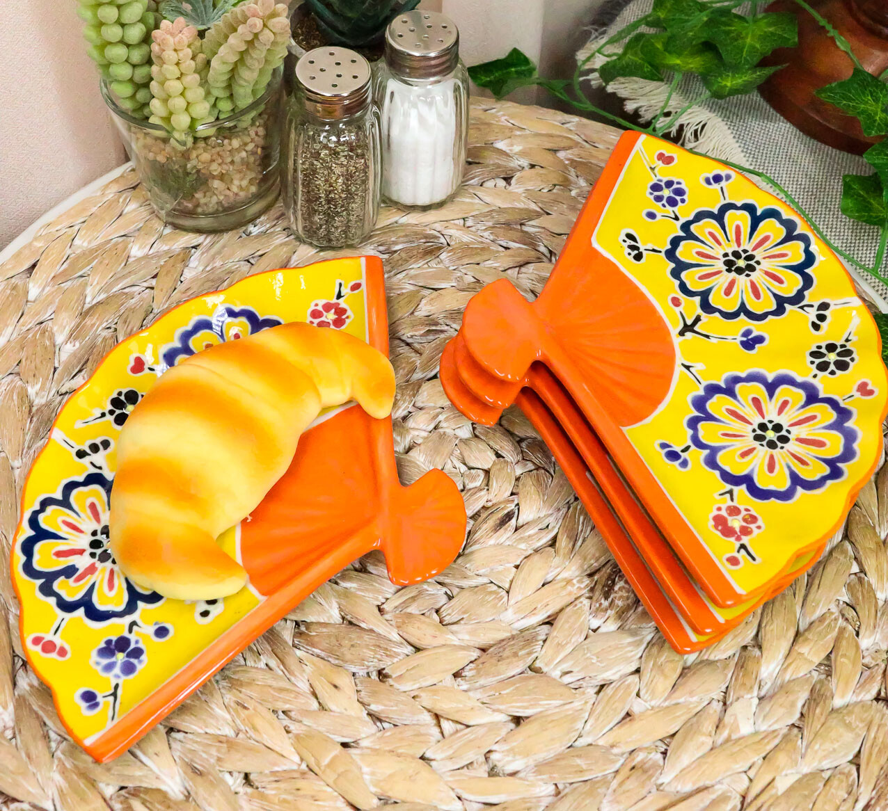 Ebros Set Of 4 Yellow Summer Flower Blooms Oriental Fan Shaped Sushi Plates