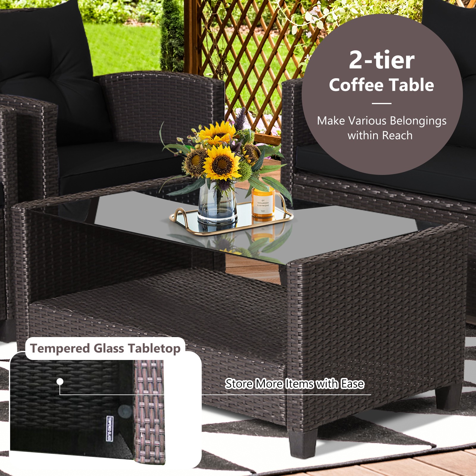 8 PCS Patio Rattan Furniture Set w/ Ergonomic Armrests & Soft Back Cushions