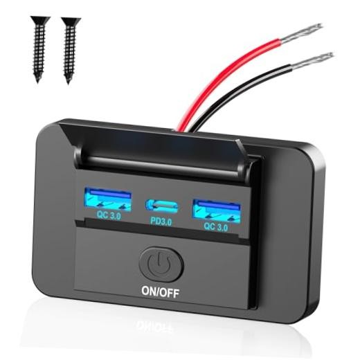 72W 12V USB Outlet Panel Wall Mount, 36W USB C and Dual QC 3.0 18W 1 PACK 3 USB