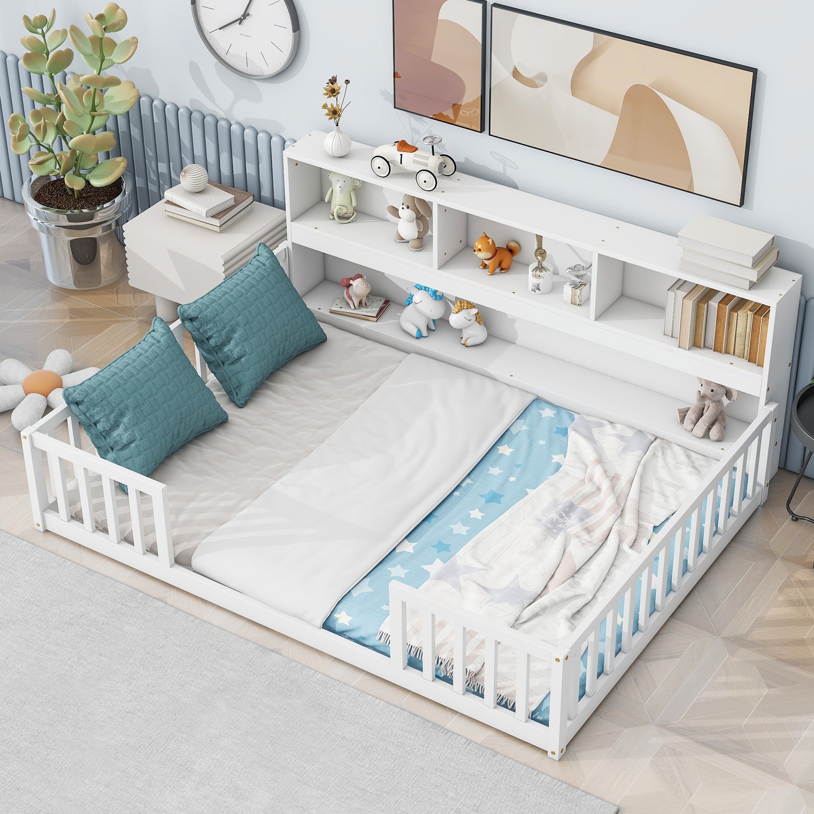 Full Size Floor Bed w/ Bookcase & Guardrails, White, Sturdy Pine Frame