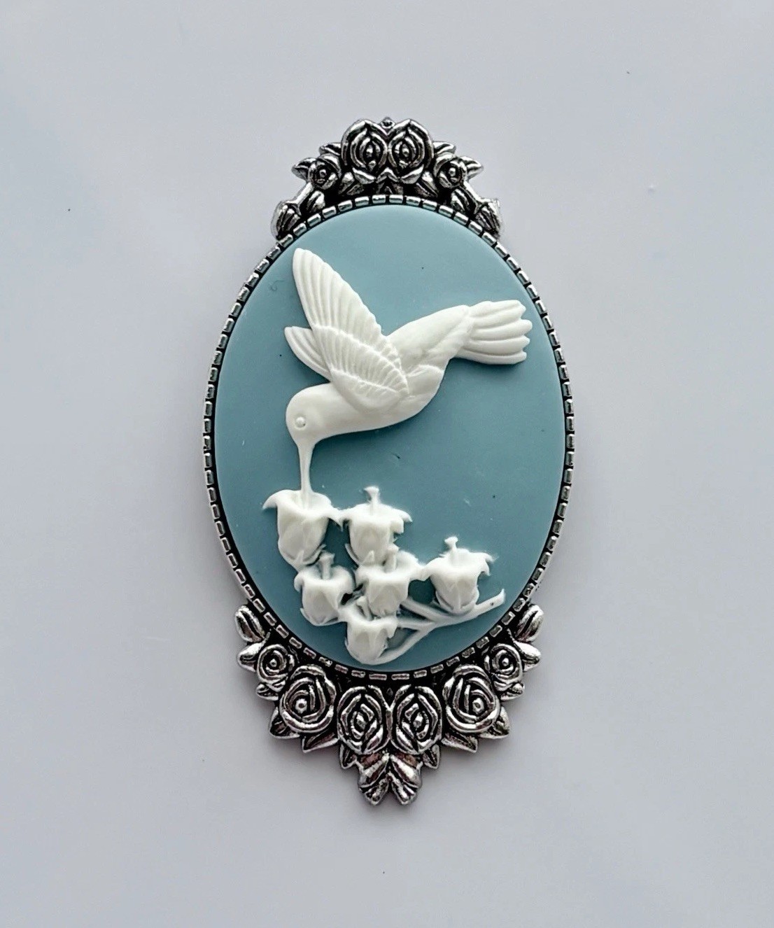 Hummingbird Cameo Brooch Pin Wedgwood Blue colored Antiqued Silver Vintage Style