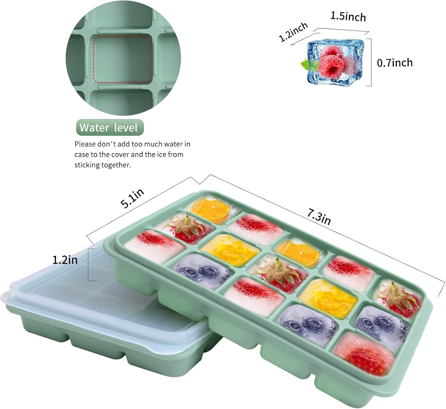 Ice Cube Trays Set of 2, 15-Cube Silicone Molds with Removable Lids | Stackable,