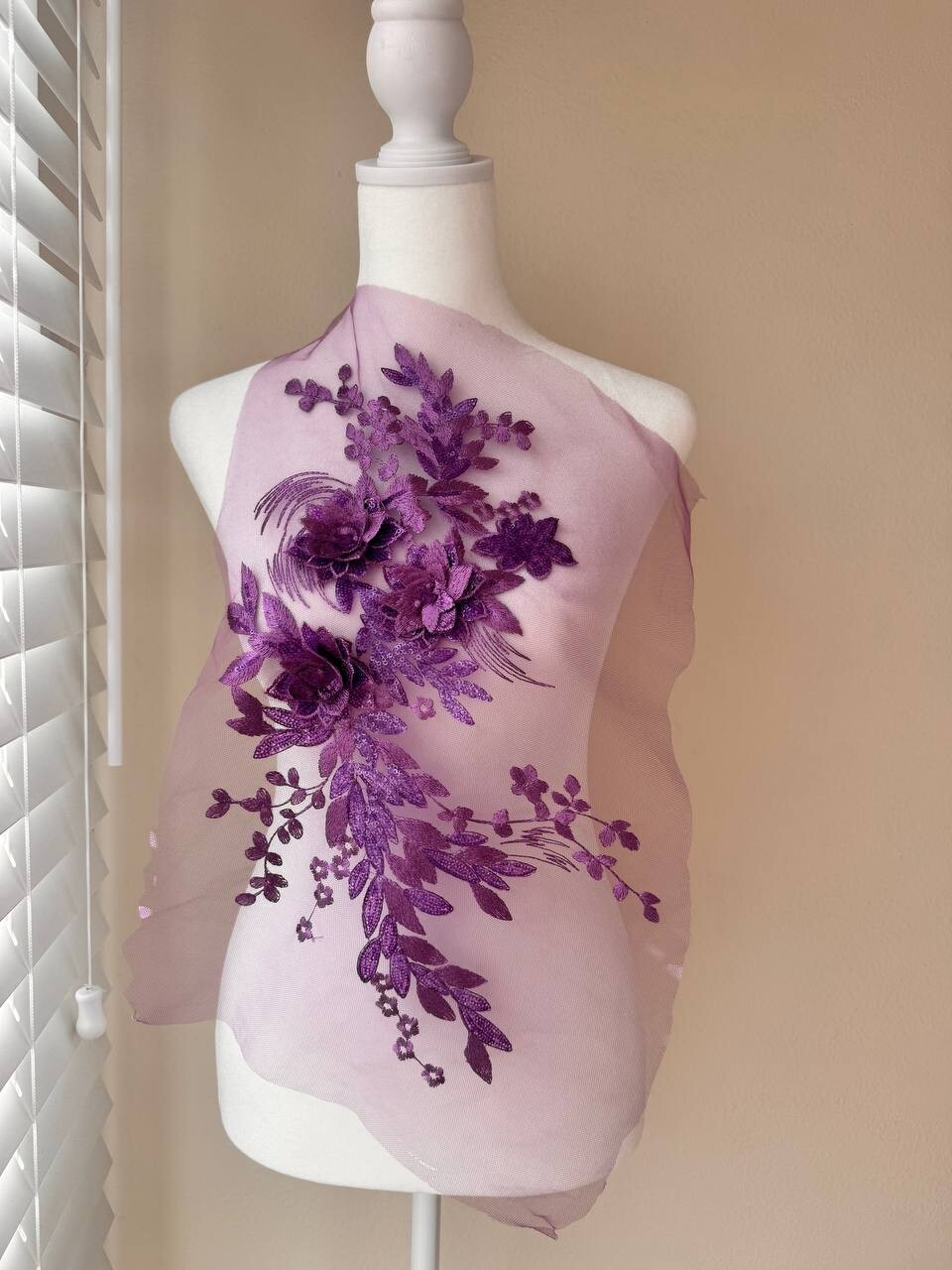 Purple Lace Applique 17" by 10"  Embroidered 3D Flowers, Sequins Dance Costume