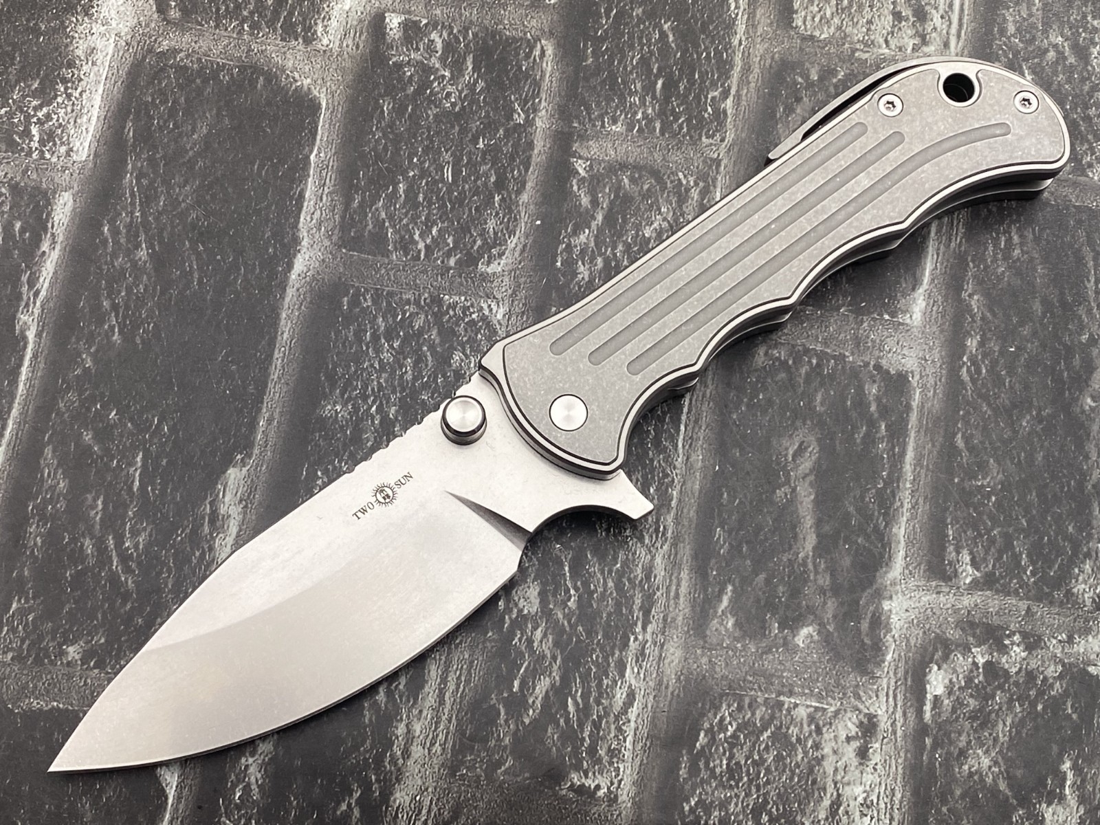 TwoSun TS458-S90V-Pointed- Folding Knife Titanium Handle Camping Knife StoneWash