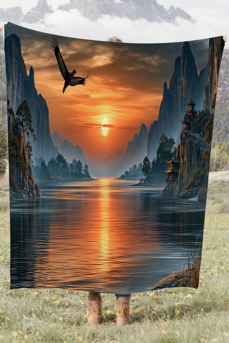 Eagle Flying Sunset Mountain Coral Fleece Cozy Throw Blanket Modern Stunning