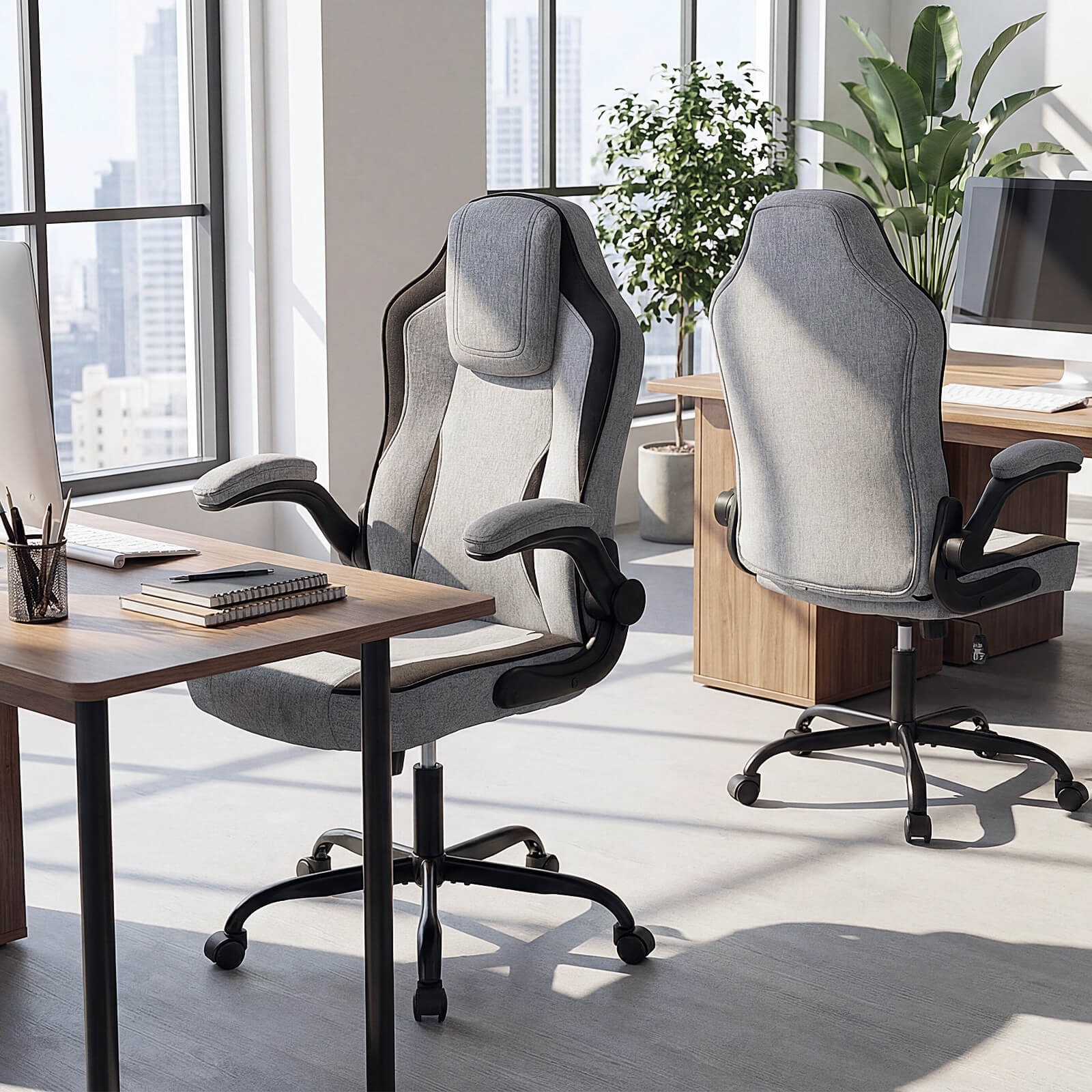 Office Chair w/90° Flip-up Armrests, Adjustable Height & Rocking Function,Wheels