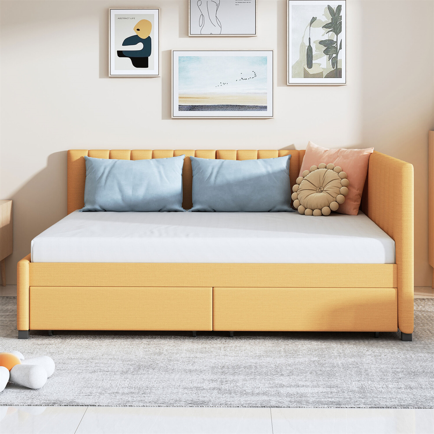Full Size Daybed Upholstered Bed Frame Sofa Bed w/ 2 Storage Drawer Yellow US