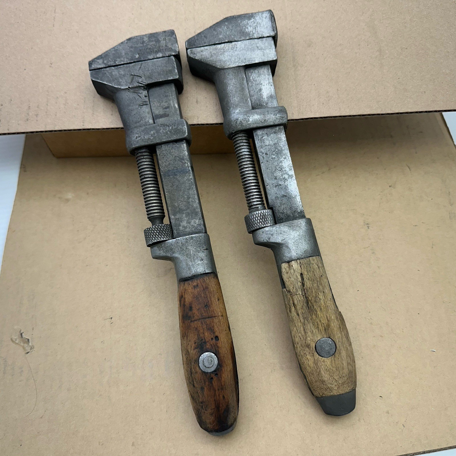 2 Vintage W&B Whitman & Barnes Co COES 12” Pipe Wrench Antique Wood Handle USA