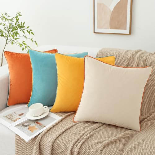 Soft Velvet Throw Pillow Covers 18x18 inch 18" x 18" (Pack of 4) Orange/Yellow
