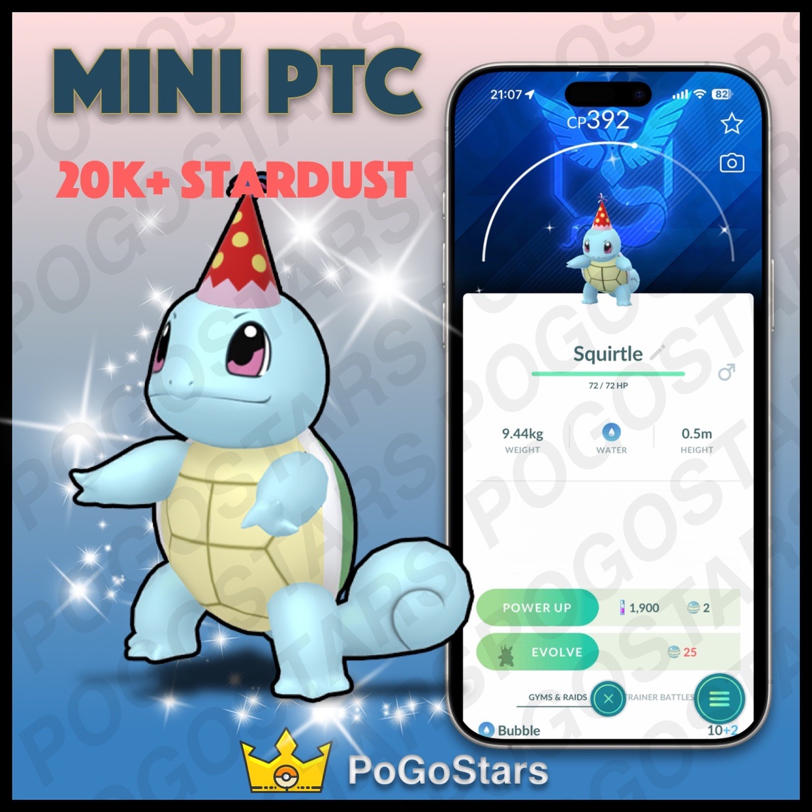 Pokémon PTC Go - Shiny Squirtle Party Hat - Team Mystic✨Special Background✨