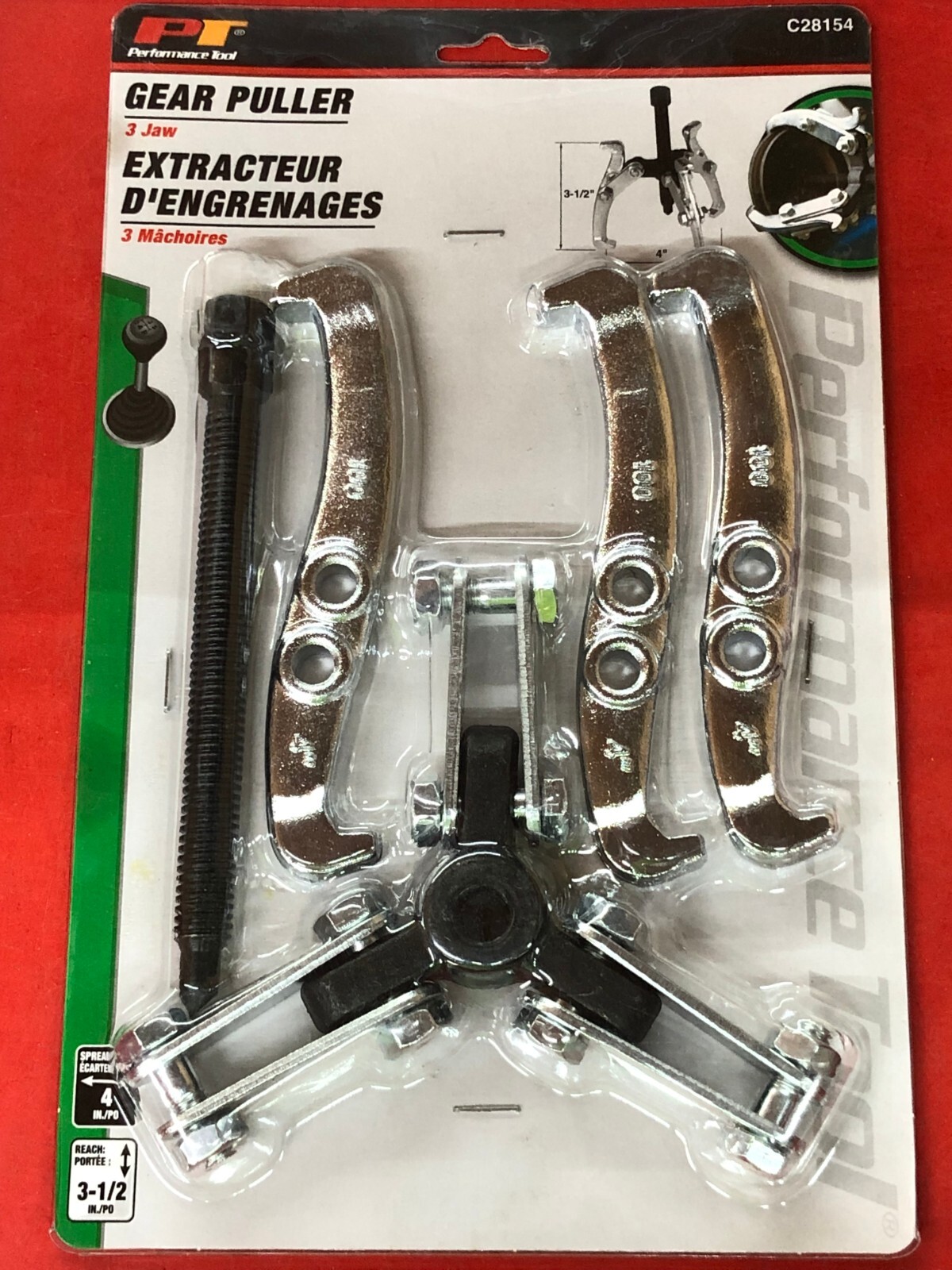 PERFORMANCE TOOL C28154 GEAR PULLER 4" INCH REVERSIBLE 3 JAW 3-1/2" REACH