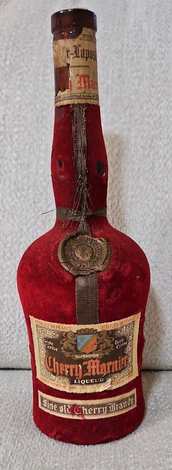 Vintage Grand Marnier Cherry Brandy EMPTY Liqueur Red Flocked Velvet Bottle VTG