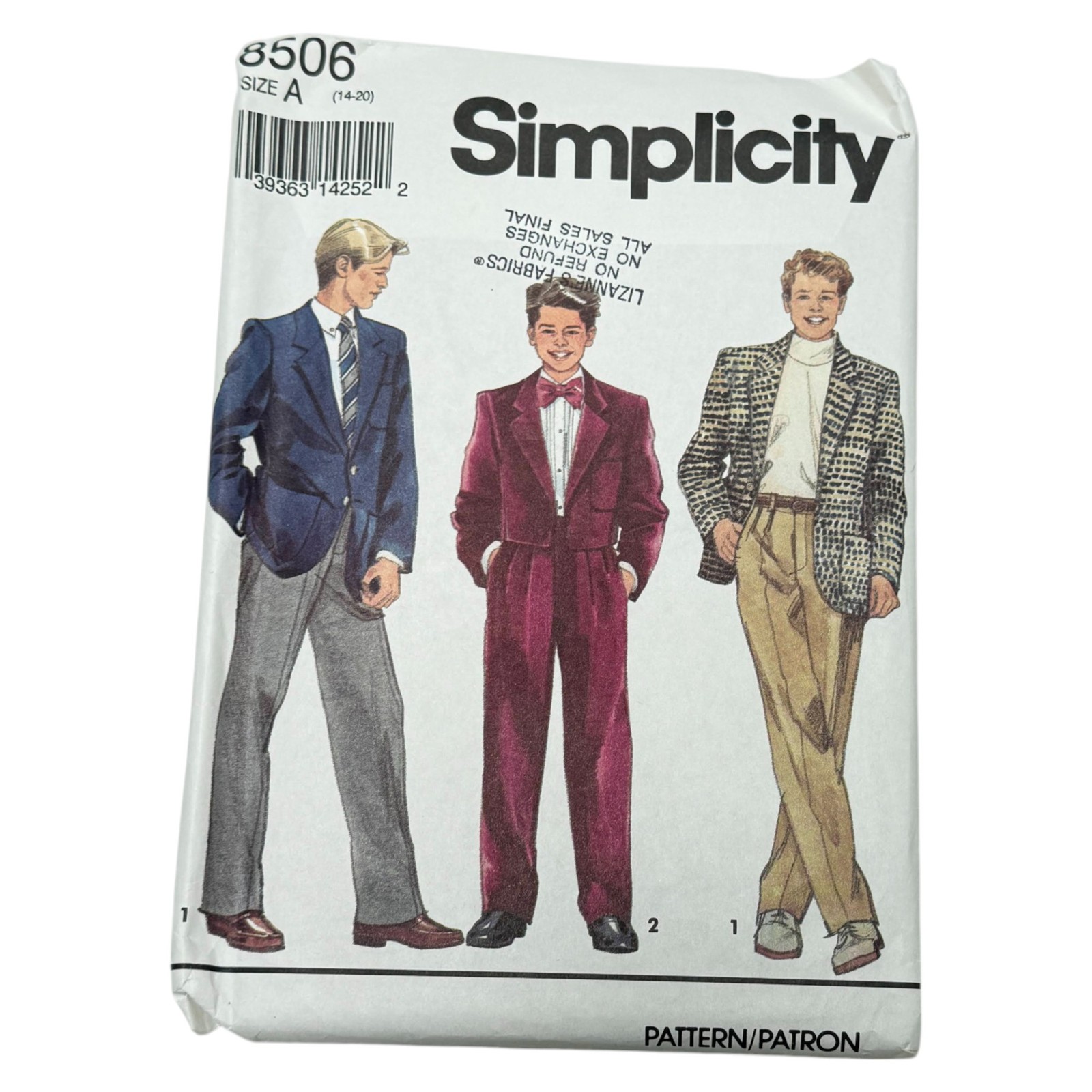 Simplicity 8506 Teen Boy Jacket Size 14 to 20 Sewing Pattern Size Uncut