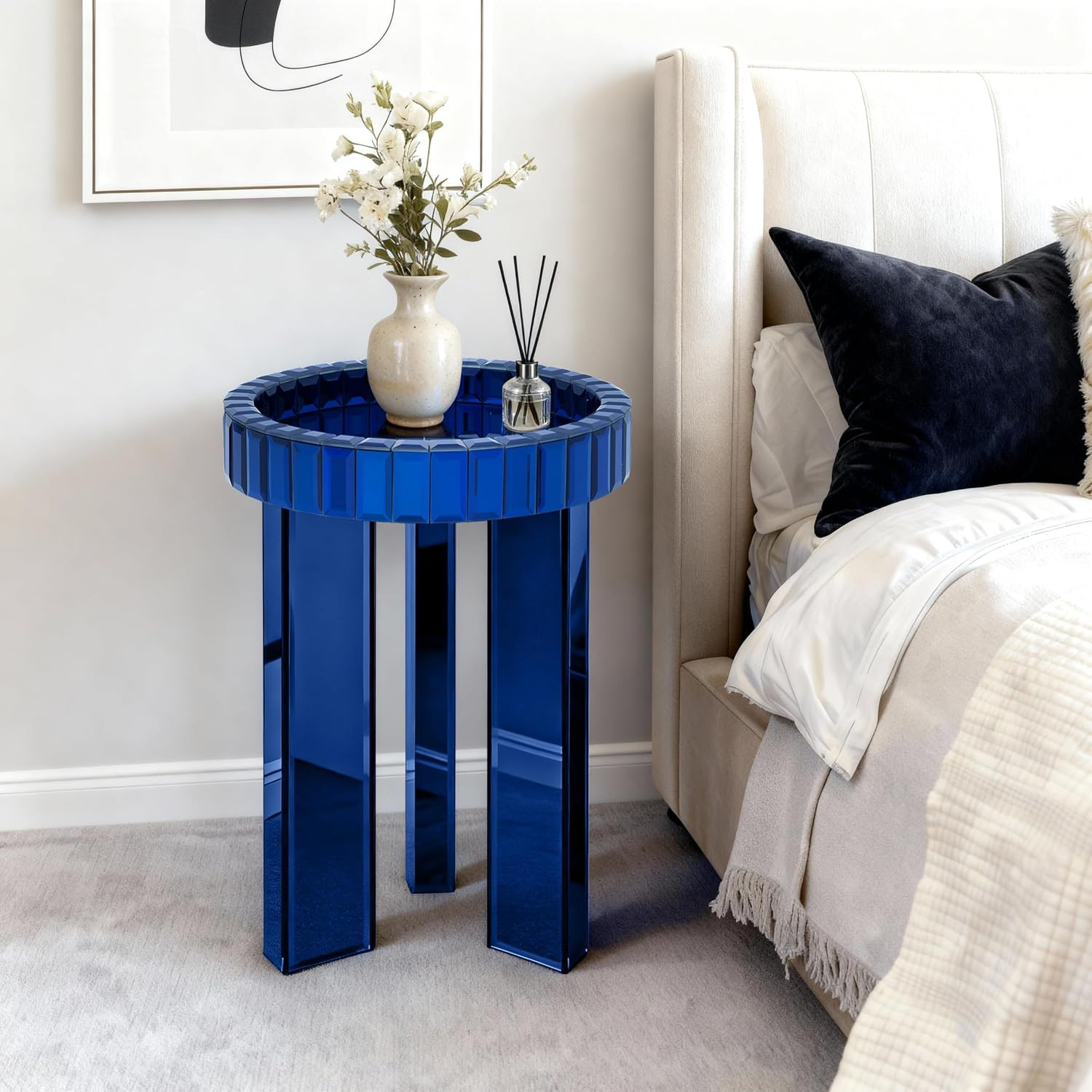 Blue Mirrored End Table, 23" H round Glass Side Table with 3 Legs | Blue Mirror