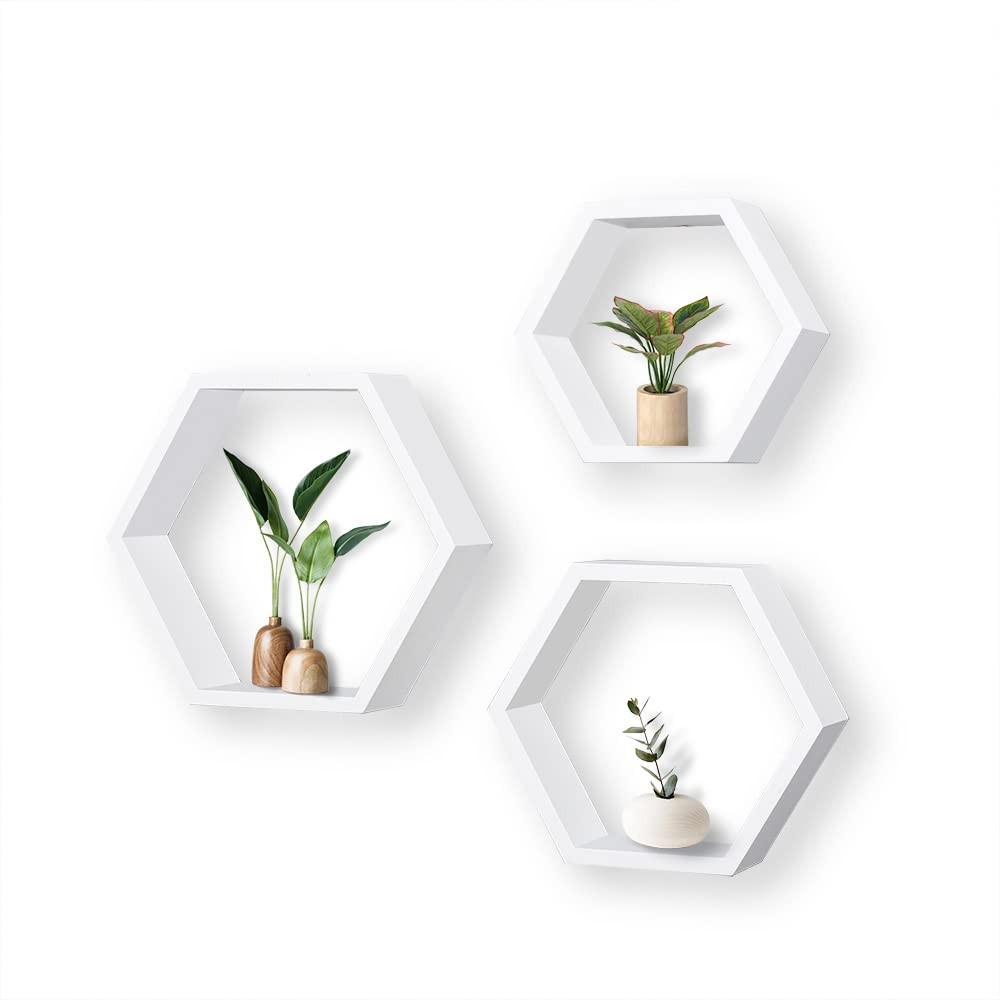 Set of 3 White Wood Hexagon Shelves for Wall Decor - Farmhouse Honeycomb Shel...