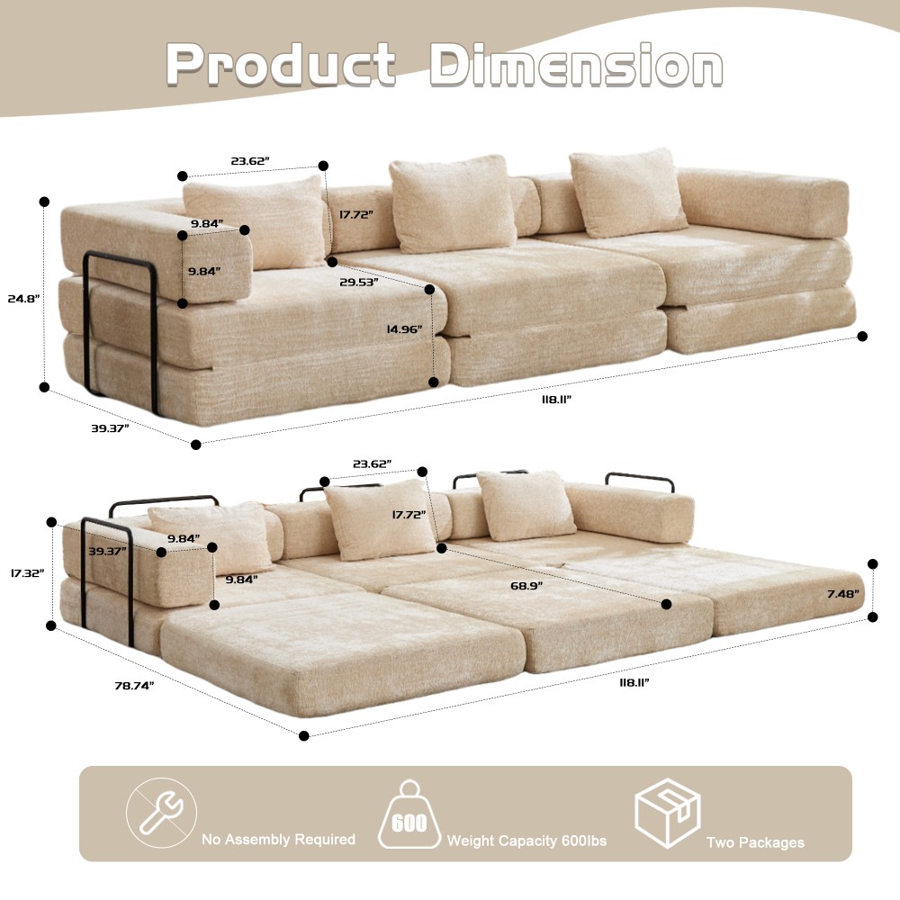Convertible Floor Sofa Bed w/Fixed Frame, Chenille, Beige, No Assembly