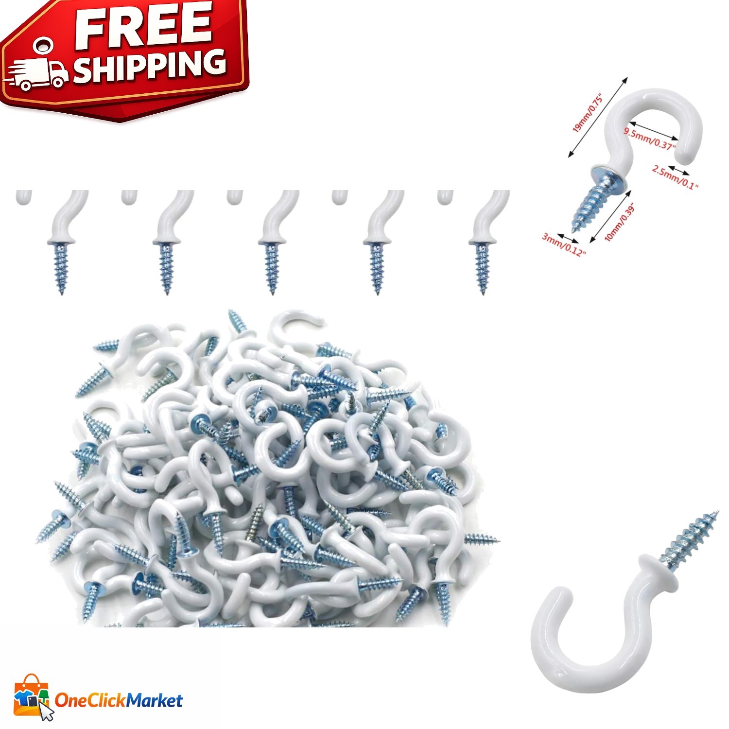 Versatile 3/4" Cup Hooks - 100 Pack of Vinyl Coated Ceiling Hooks in White