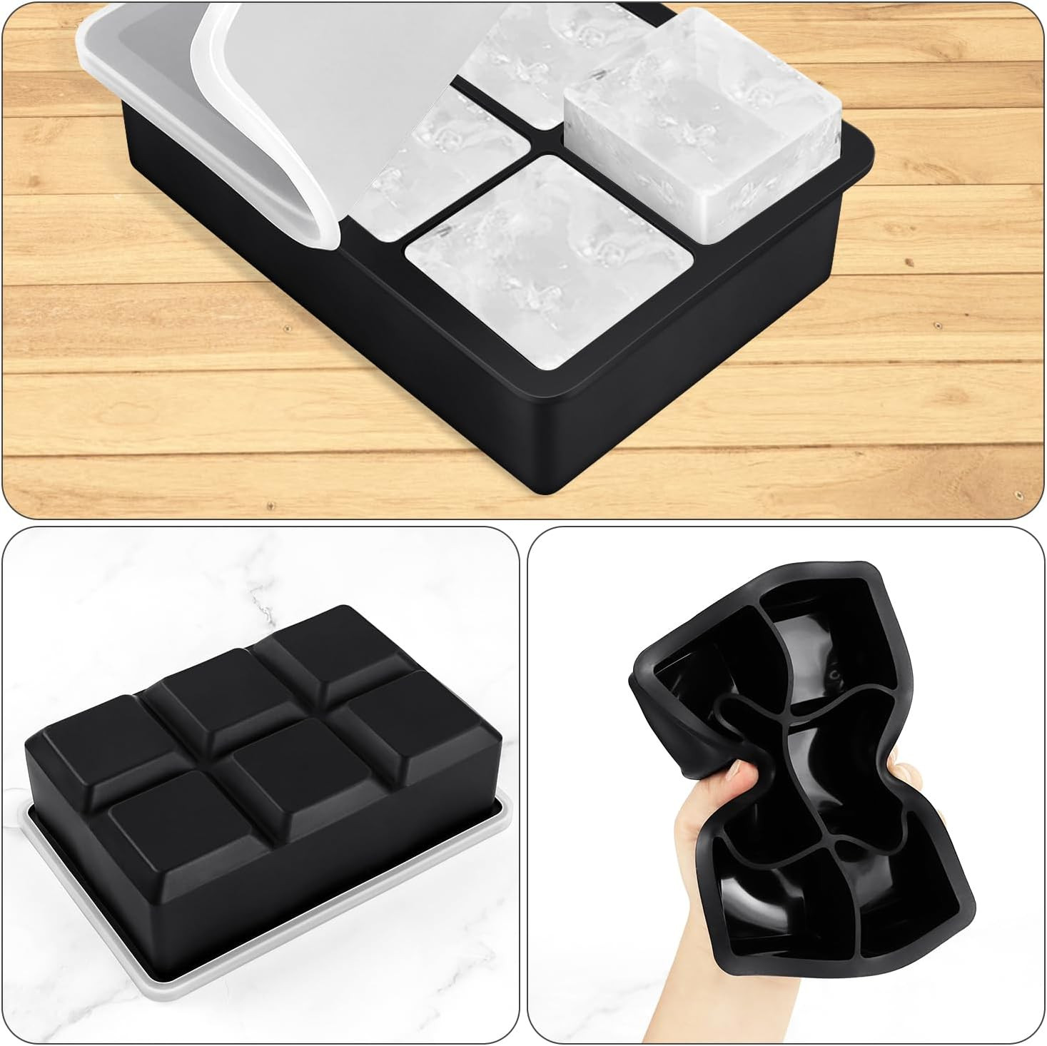 Large Ice Cube Tray with Lids Big Square Silicone Freezer Mold 2inch Huge Cube
