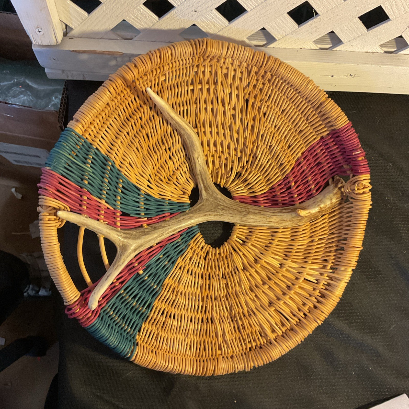 Decorative Woven Basket With Antler  5 Inches Tall 13.5 Wide 14 Long