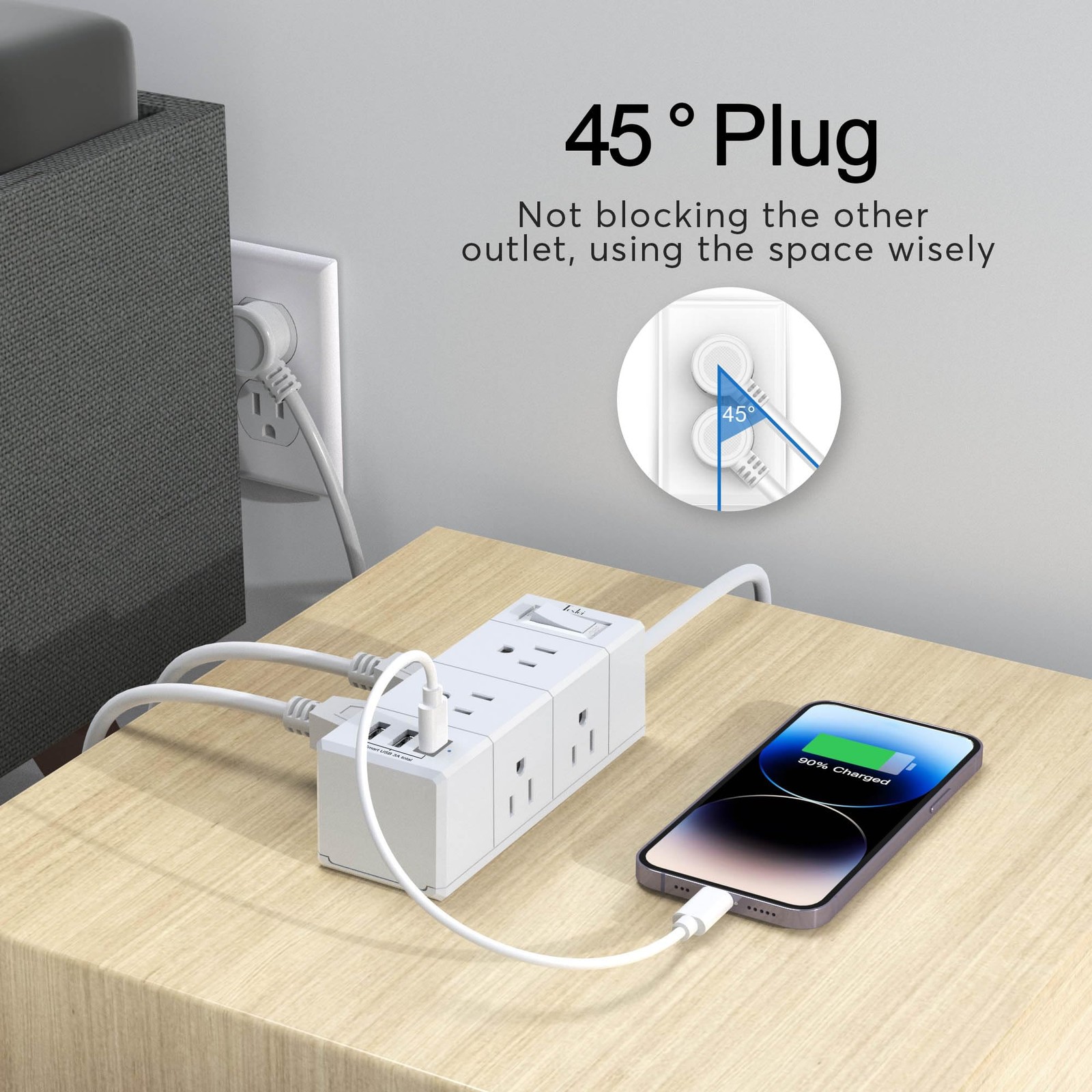 5Ft Outlet Extender Power Strip - Tcstei Flat Plug Extension Cord 5 Ft, White