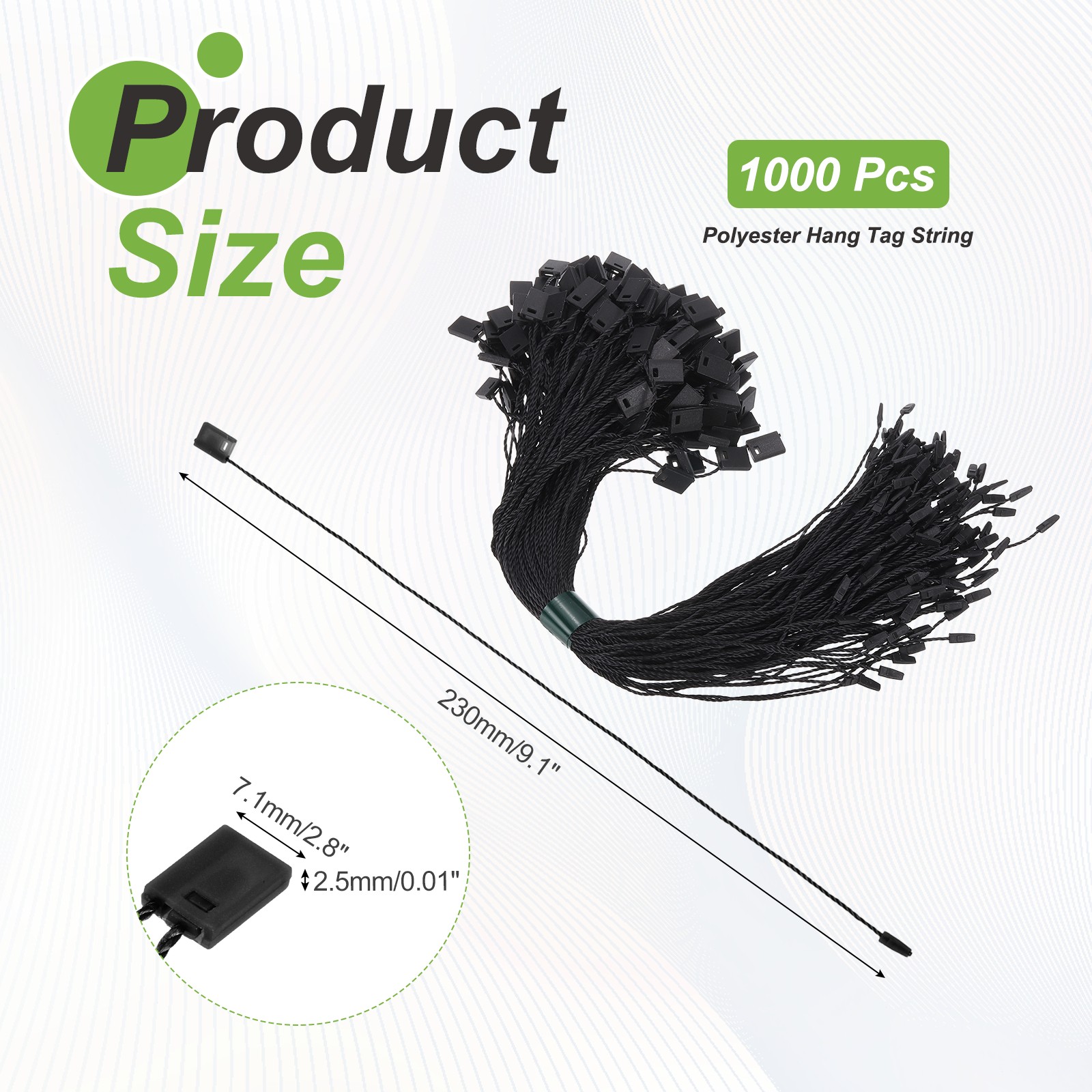 1000pcs Polyester Hang Tag String (9.1") - Plastic Snap Lock Pin Loop Black