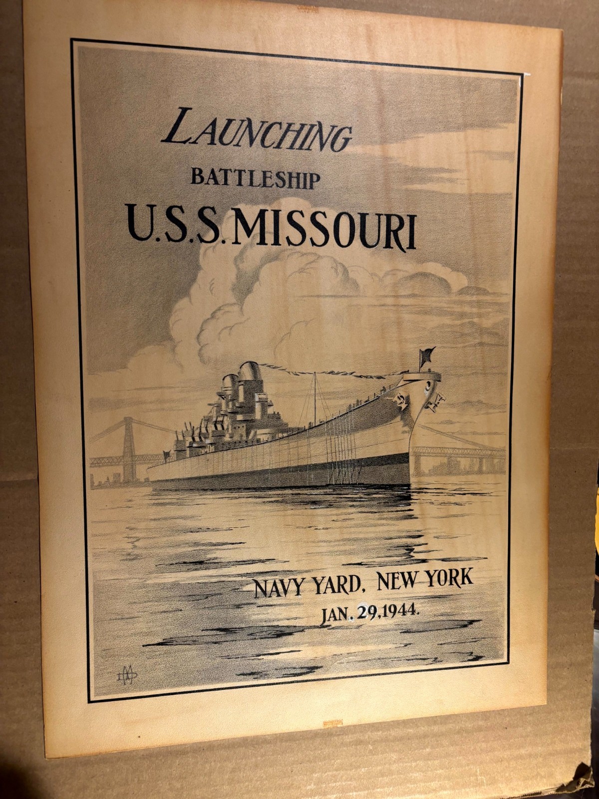Rare Original Published WWII Illustration Art Drawing '44 Battleship US Missouri