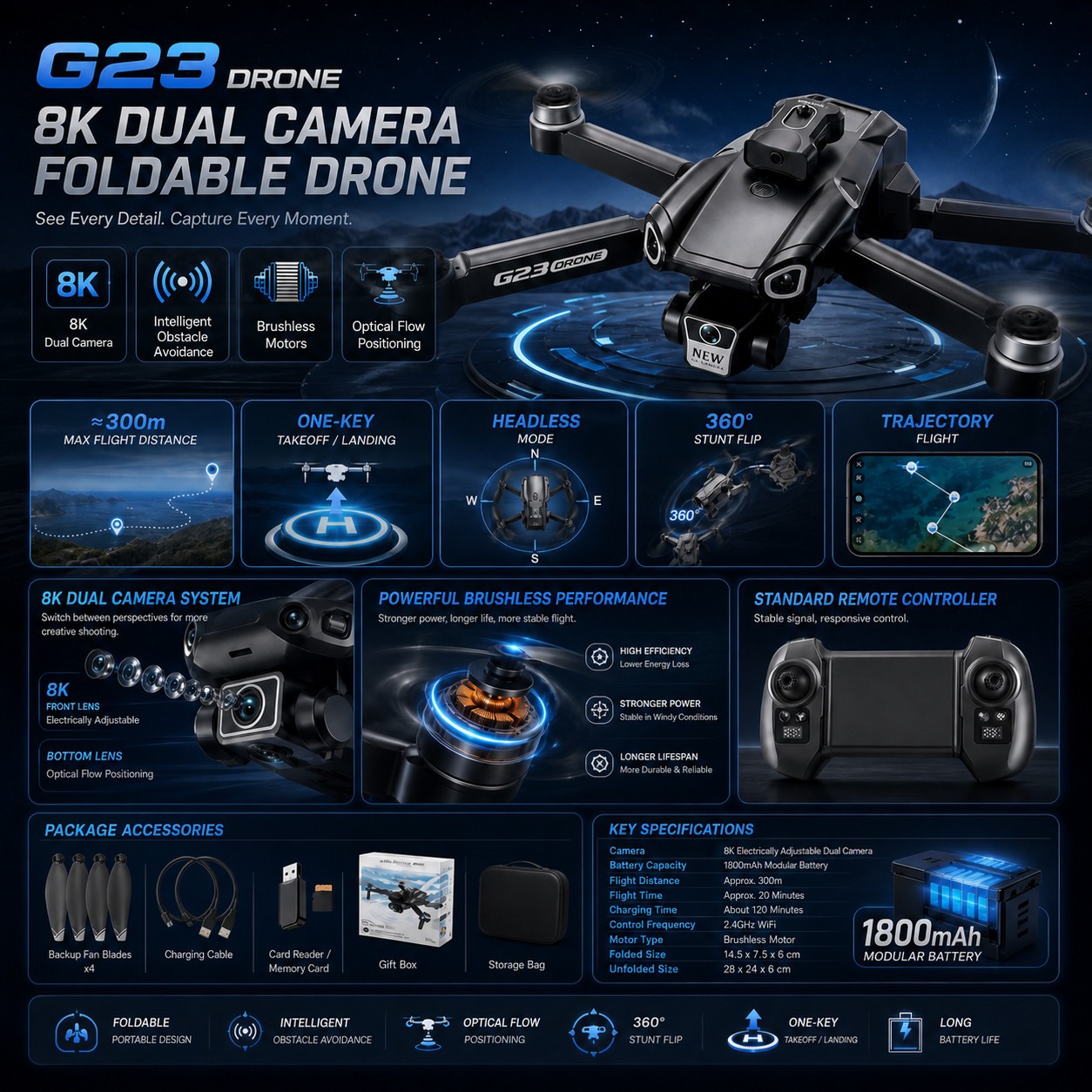 G23 8K Dual Camera Foldable Drone Brushless Motor Obstacle Avoidance WiFi FPV