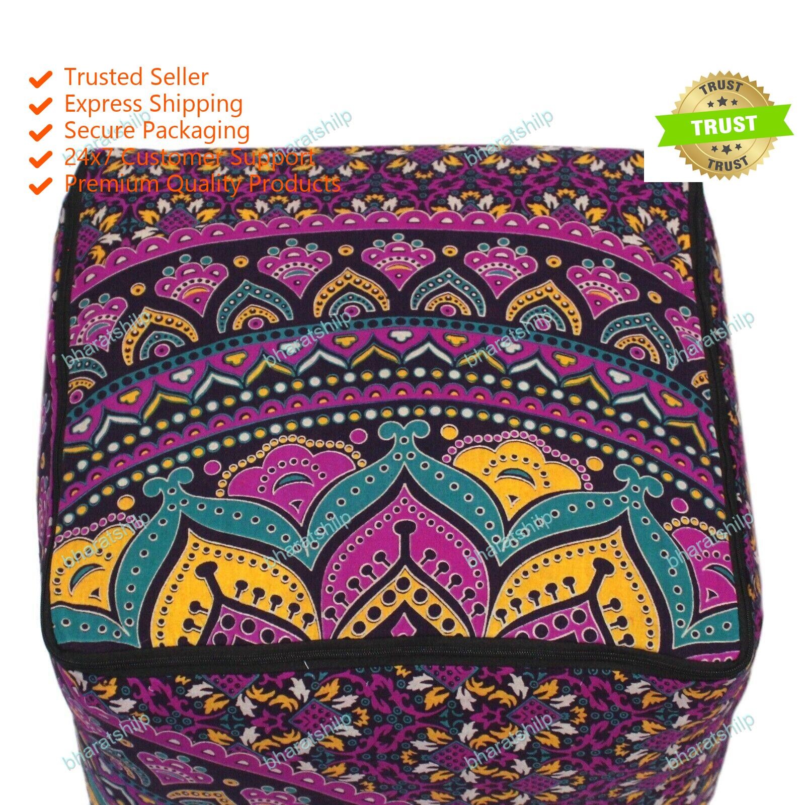 New Ottoman Indian Multicolor Square Mandala Cotton 22" Inch Pouf Cover
