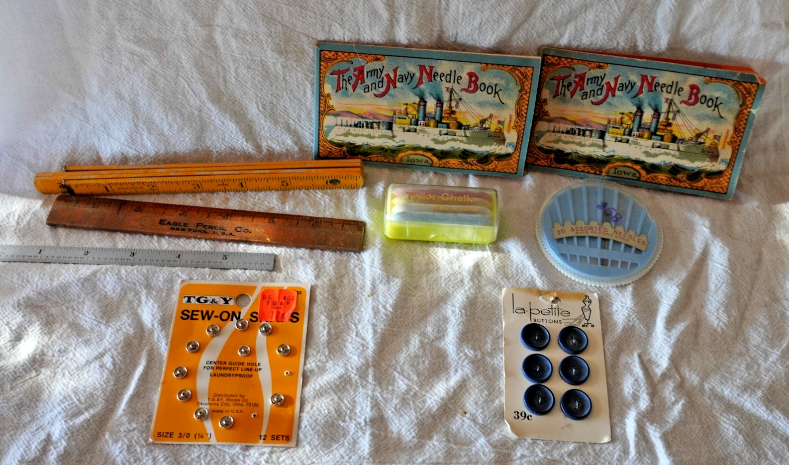 VTG Army Navy Needle Books Lot + Starrett  Rule, Bell Case MCM Sewing Ephemera