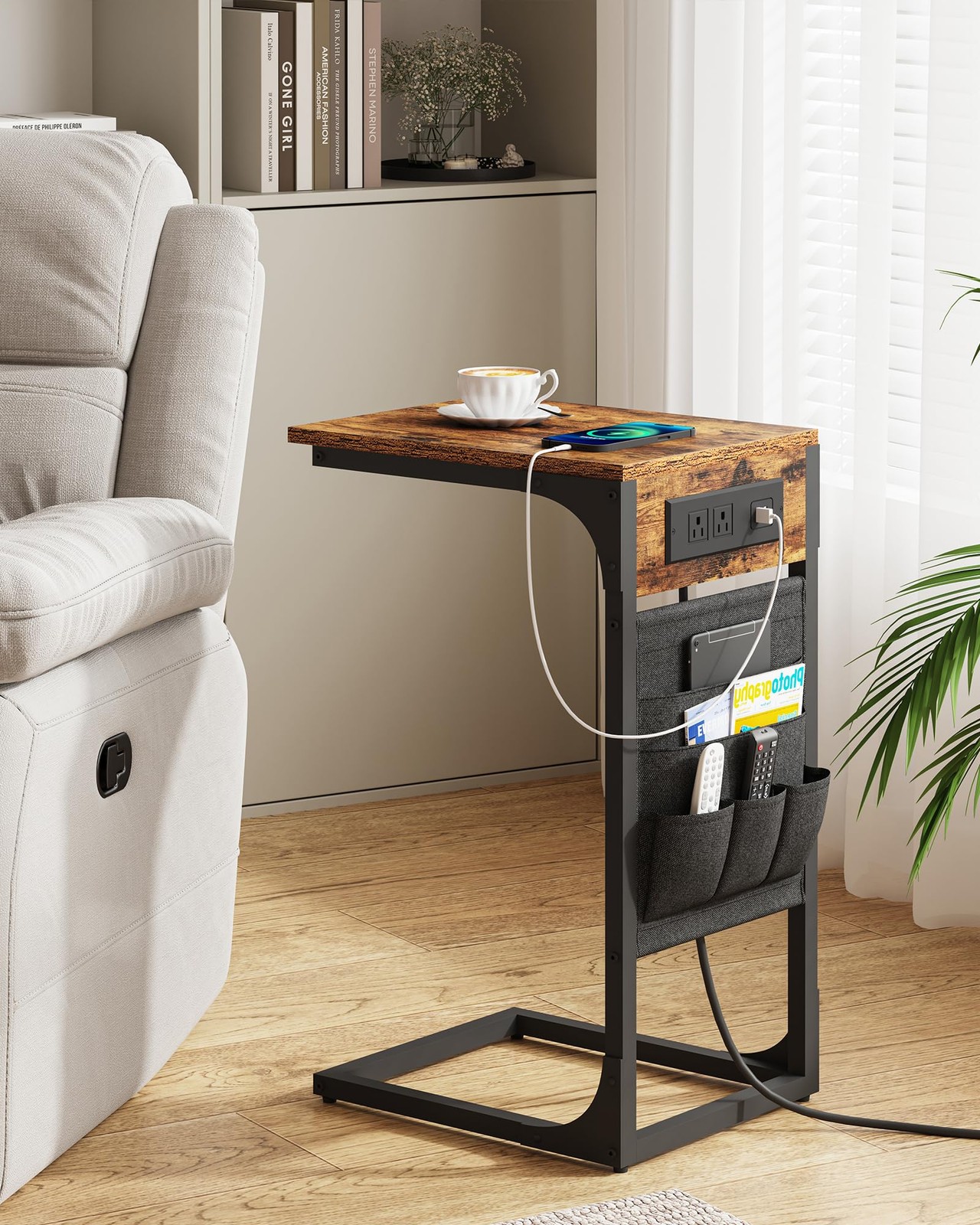 C Shaped End Table with Charging Station, Side Table for Sofa, Couch Table wi...